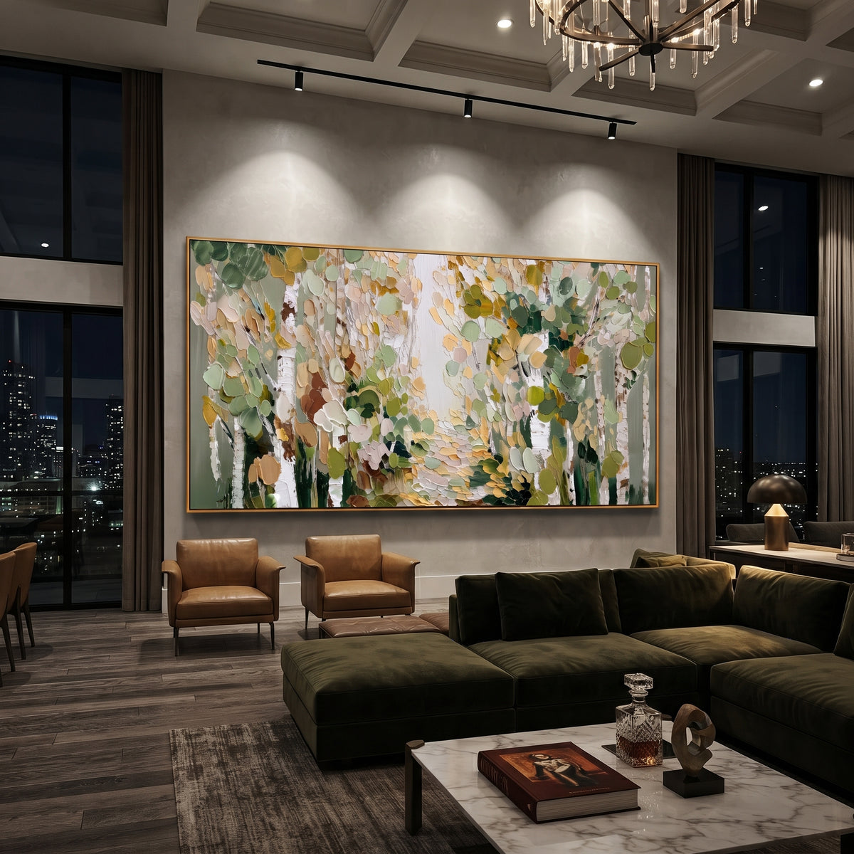 "Soft Sage Birch Path Painting" focuses on atmosphere, surface movement, and sculptural heavy impasto craftsmanship rather than a fixed literal storyline. The composition uses this hand-painted panoramic canvas presents a quiet birch woodland path in sage green, cream, beige, and olive leaves, with thick rounded palette-knife marks as the visual anchor, while layered palette-knife paint, raised plaster-like texture, and softened brush movement create tactile depth across the canvas. Curated with