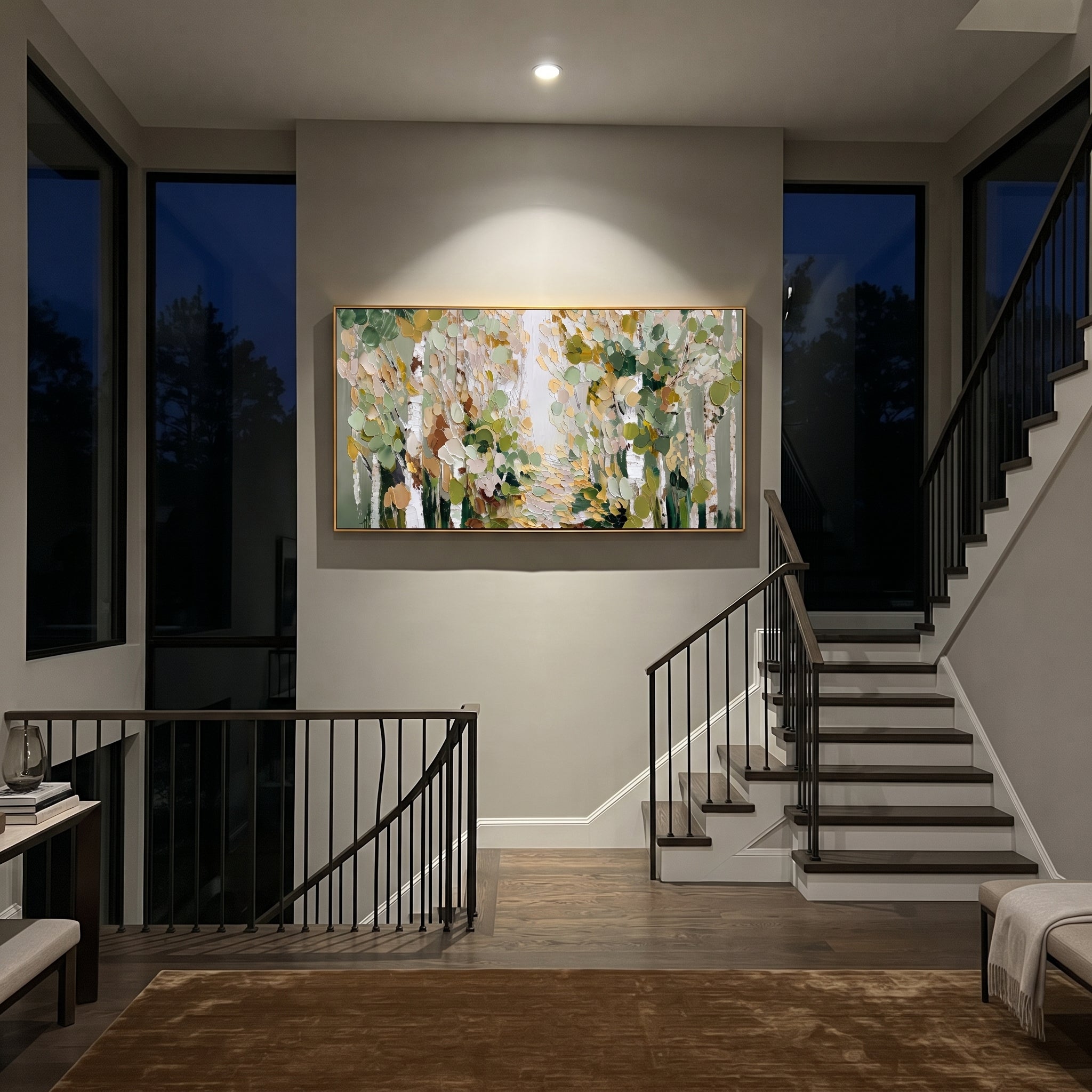 "Soft Sage Birch Path Painting" focuses on atmosphere, surface movement, and sculptural heavy impasto craftsmanship rather than a fixed literal storyline. The composition uses this hand-painted panoramic canvas presents a quiet birch woodland path in sage green, cream, beige, and olive leaves, with thick rounded palette-knife marks as the visual anchor, while layered palette-knife paint, raised plaster-like texture, and softened brush movement create tactile depth across the canvas. Curated with