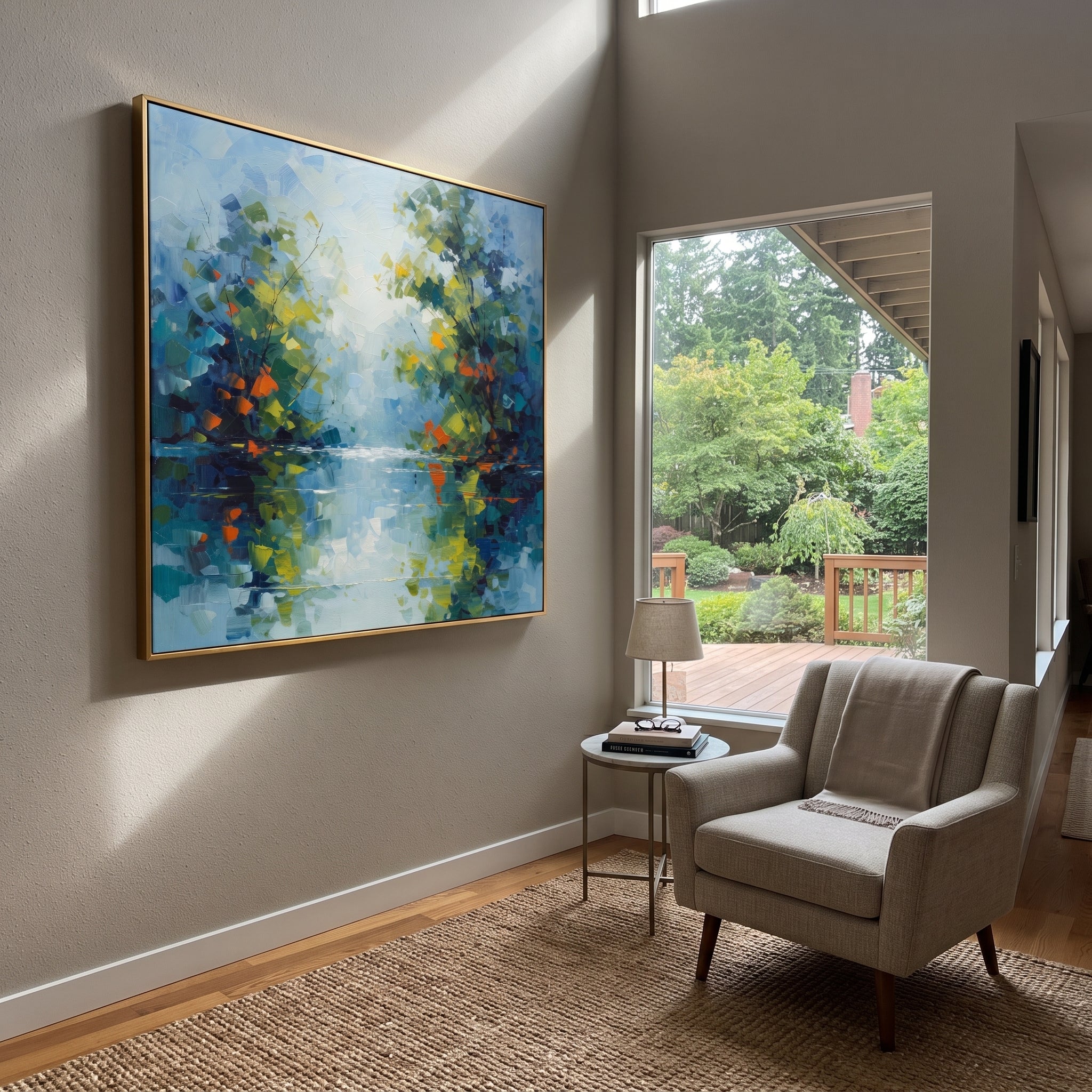 "Blue Green Lake Reflection Painting" focuses on atmosphere, surface movement, and sculptural heavy impasto craftsmanship rather than a fixed literal storyline. The composition uses this hand-painted square canvas presents a calm blue green waterside forest with reflected foliage, pale sky light, orange leaf accents, and layered impasto brushwork as the visual anchor, while layered palette-knife paint, raised plaster-like texture, and softened brush movement create tactile depth across the