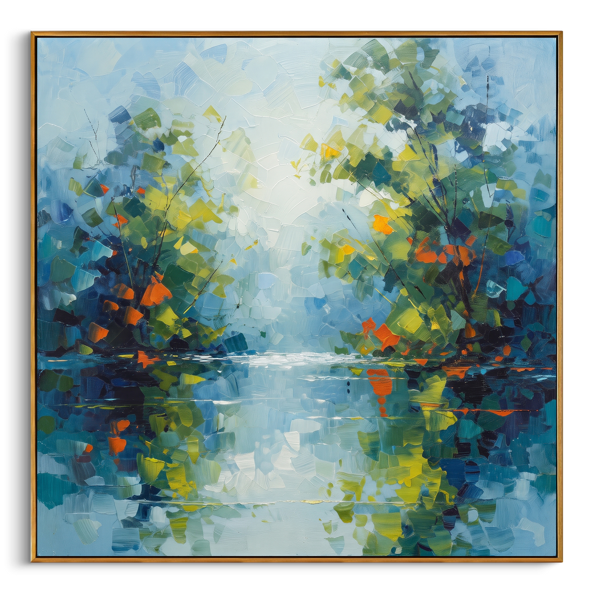"Blue Green Lake Reflection Painting" focuses on atmosphere, surface movement, and sculptural heavy impasto craftsmanship rather than a fixed literal storyline. The composition uses this hand-painted square canvas presents a calm blue green waterside forest with reflected foliage, pale sky light, orange leaf accents, and layered impasto brushwork as the visual anchor, while layered palette-knife paint, raised plaster-like texture, and softened brush movement create tactile depth across the