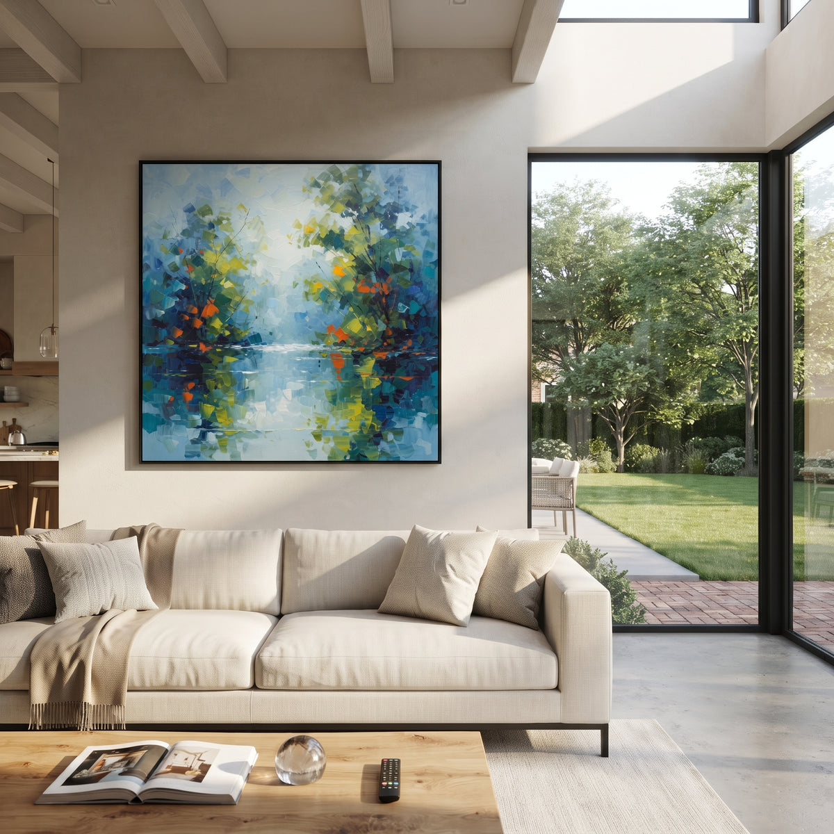 "Blue Green Lake Reflection Painting" focuses on atmosphere, surface movement, and sculptural heavy impasto craftsmanship rather than a fixed literal storyline. The composition uses this hand-painted square canvas presents a calm blue green waterside forest with reflected foliage, pale sky light, orange leaf accents, and layered impasto brushwork as the visual anchor, while layered palette-knife paint, raised plaster-like texture, and softened brush movement create tactile depth across the