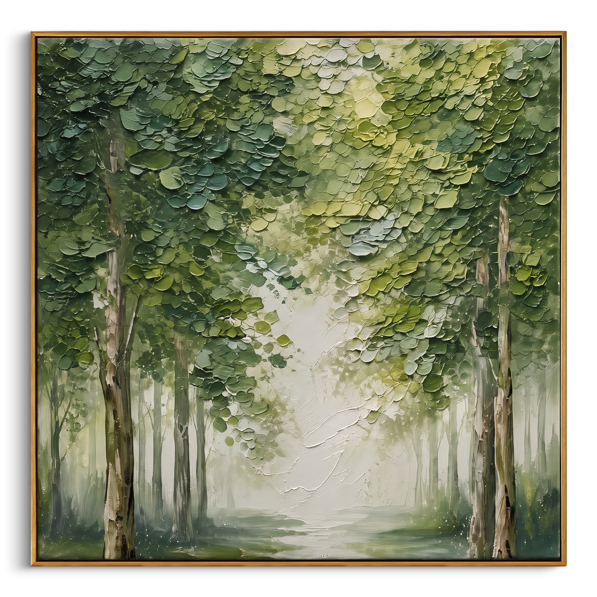 "Misty Green Forest Painting" focuses on atmosphere, surface movement, and sculptural heavy impasto craftsmanship rather than a fixed literal storyline. The composition uses this hand-painted square canvas presents a soft green forest canopy with dense raised leaves, pale mist through the center, and muted tree trunks below as the visual anchor, while layered palette-knife paint, raised plaster-like texture, and softened brush movement create tactile depth across the canvas. Curated with a