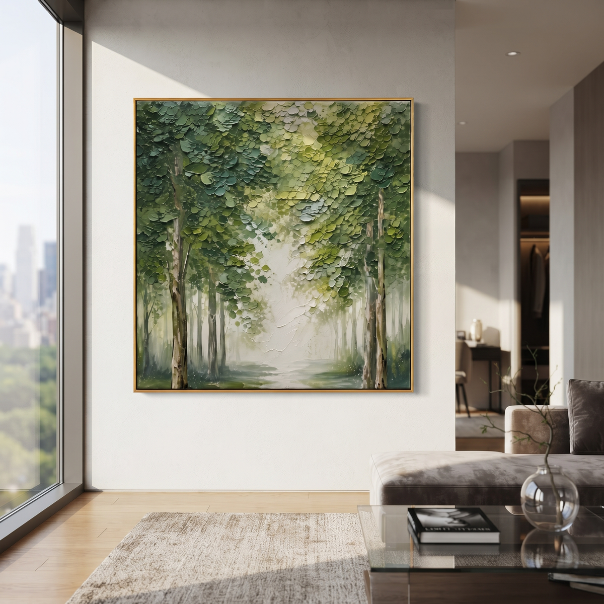 "Misty Green Forest Painting" focuses on atmosphere, surface movement, and sculptural heavy impasto craftsmanship rather than a fixed literal storyline. The composition uses this hand-painted square canvas presents a soft green forest canopy with dense raised leaves, pale mist through the center, and muted tree trunks below as the visual anchor, while layered palette-knife paint, raised plaster-like texture, and softened brush movement create tactile depth across the canvas. Curated with a