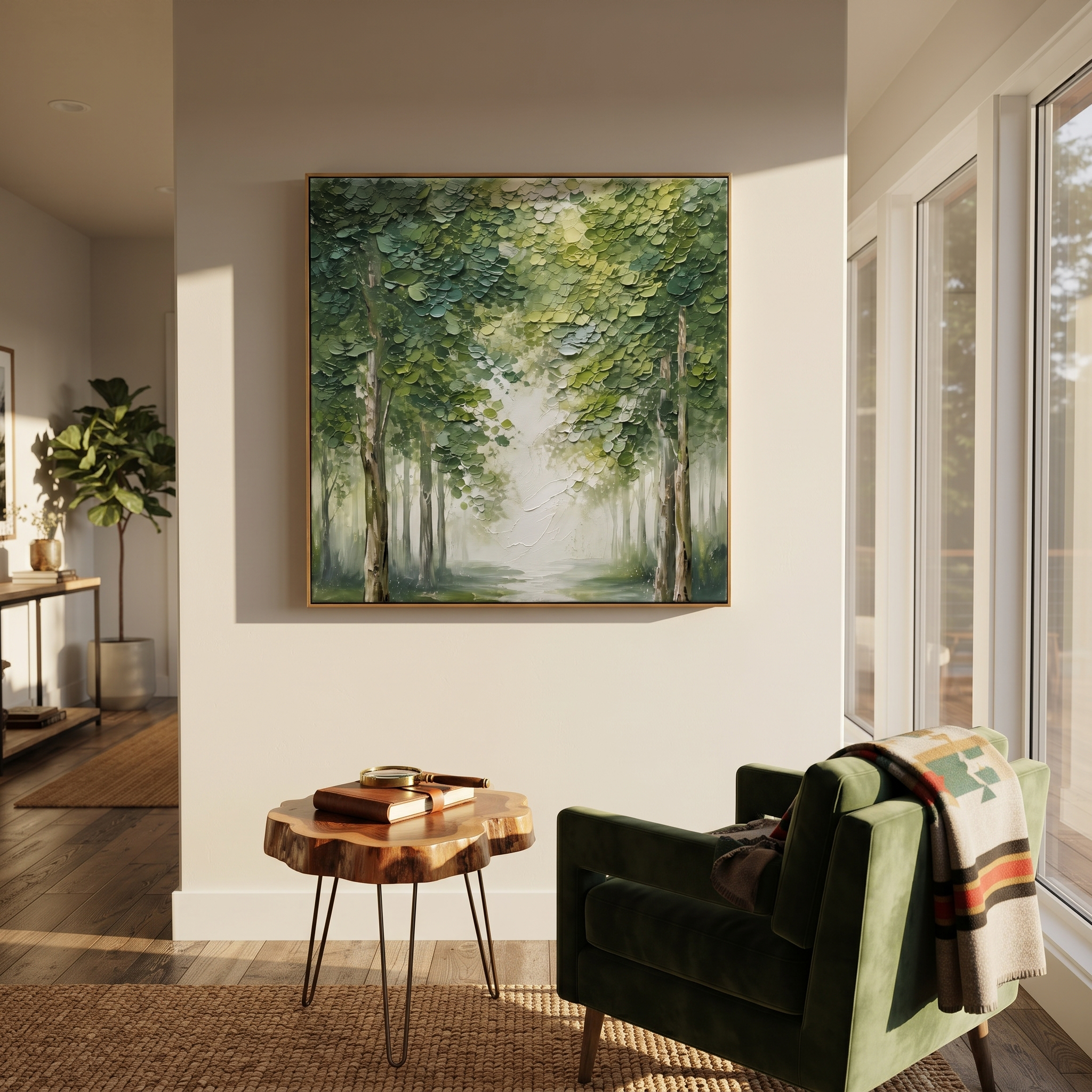 "Misty Green Forest Painting" focuses on atmosphere, surface movement, and sculptural heavy impasto craftsmanship rather than a fixed literal storyline. The composition uses this hand-painted square canvas presents a soft green forest canopy with dense raised leaves, pale mist through the center, and muted tree trunks below as the visual anchor, while layered palette-knife paint, raised plaster-like texture, and softened brush movement create tactile depth across the canvas. Curated with a