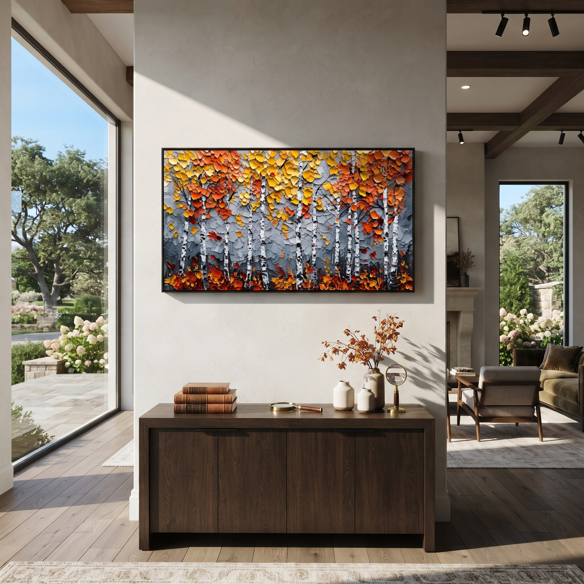 "Grey Orange Birch Painting" focuses on atmosphere, surface movement, and sculptural heavy impasto craftsmanship rather than a fixed literal storyline. The composition uses this hand-painted panoramic canvas presents white birch trunks across a grey textured ground, topped with orange and golden yellow autumn leaves and dark lower shadows as the visual anchor, while layered palette-knife paint, raised plaster-like texture, and softened brush movement create tactile depth across the canvas.