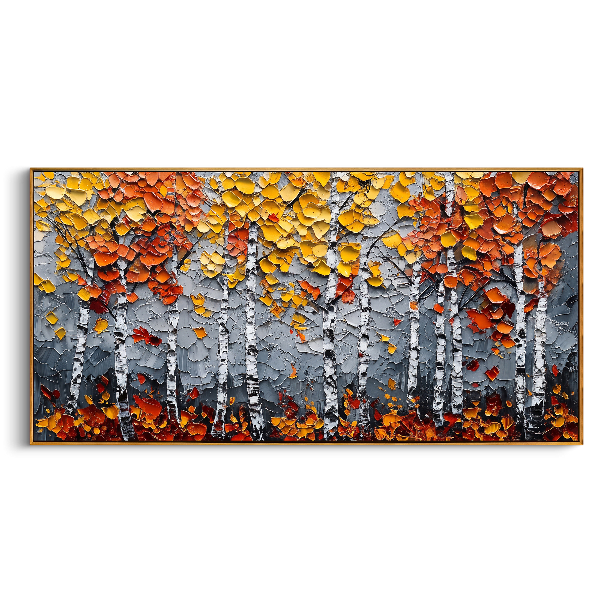 "Grey Orange Birch Painting" focuses on atmosphere, surface movement, and sculptural heavy impasto craftsmanship rather than a fixed literal storyline. The composition uses this hand-painted panoramic canvas presents white birch trunks across a grey textured ground, topped with orange and golden yellow autumn leaves and dark lower shadows as the visual anchor, while layered palette-knife paint, raised plaster-like texture, and softened brush movement create tactile depth across the canvas.