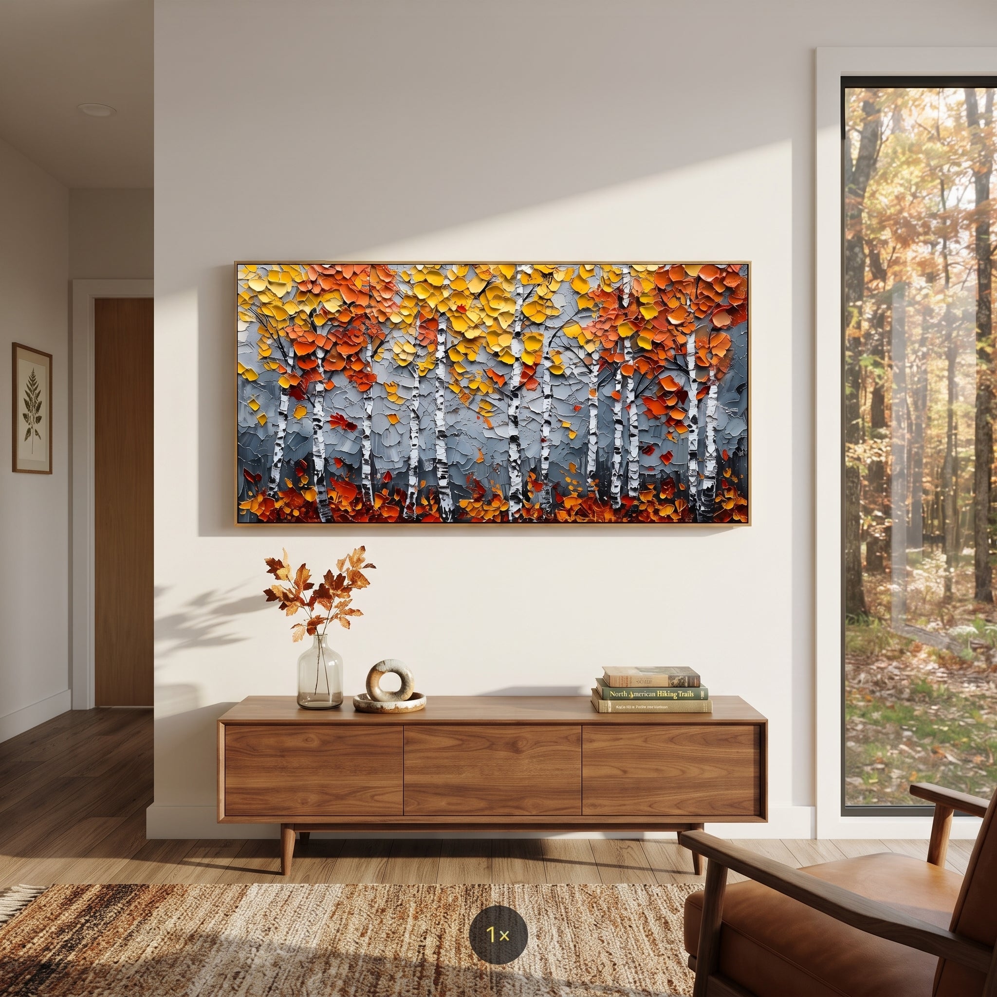 "Grey Orange Birch Painting" focuses on atmosphere, surface movement, and sculptural heavy impasto craftsmanship rather than a fixed literal storyline. The composition uses this hand-painted panoramic canvas presents white birch trunks across a grey textured ground, topped with orange and golden yellow autumn leaves and dark lower shadows as the visual anchor, while layered palette-knife paint, raised plaster-like texture, and softened brush movement create tactile depth across the canvas.