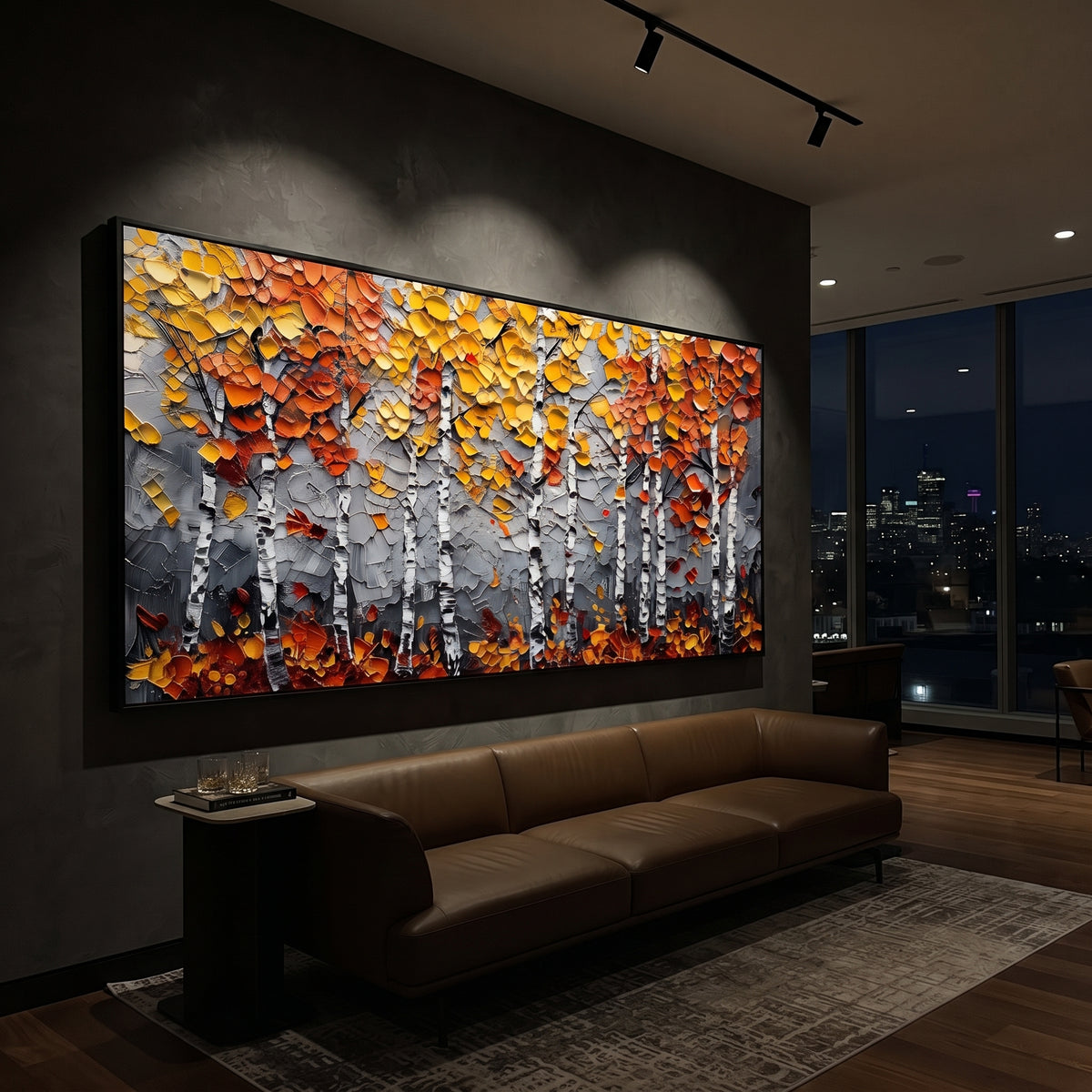 "Grey Orange Birch Painting" focuses on atmosphere, surface movement, and sculptural heavy impasto craftsmanship rather than a fixed literal storyline. The composition uses this hand-painted panoramic canvas presents white birch trunks across a grey textured ground, topped with orange and golden yellow autumn leaves and dark lower shadows as the visual anchor, while layered palette-knife paint, raised plaster-like texture, and softened brush movement create tactile depth across the canvas.