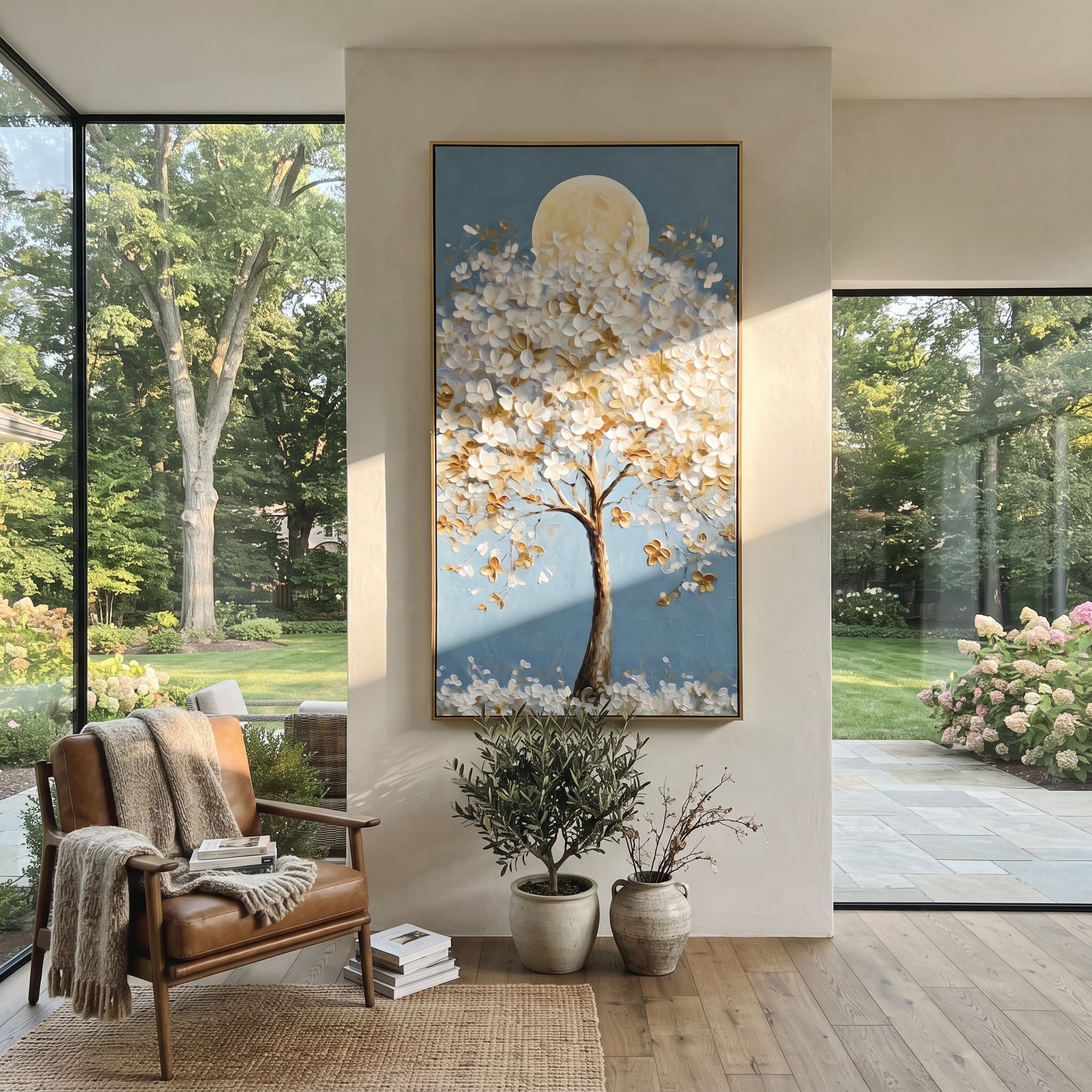 "Moonlit White Blossom Tree Painting" focuses on atmosphere, surface movement, and sculptural heavy impasto craftsmanship rather than a fixed literal storyline. The composition uses this hand-painted vertical canvas presents a tall tree covered in raised white blossoms and golden leaves, set before a soft round moon on a clear blue background as the visual anchor, while layered palette-knife paint, raised plaster-like texture, and softened brush movement create tactile depth across the canvas.