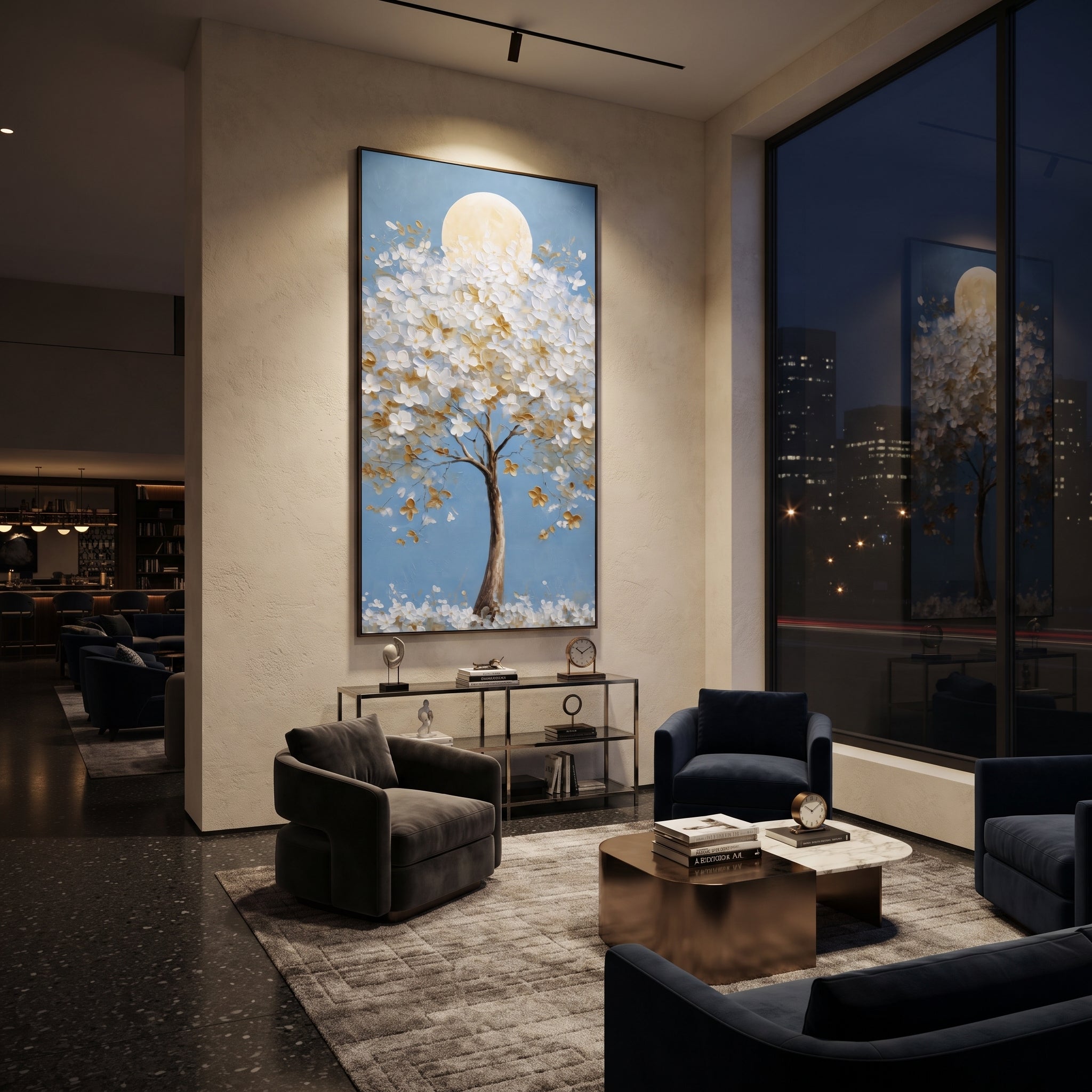 "Moonlit White Blossom Tree Painting" focuses on atmosphere, surface movement, and sculptural heavy impasto craftsmanship rather than a fixed literal storyline. The composition uses this hand-painted vertical canvas presents a tall tree covered in raised white blossoms and golden leaves, set before a soft round moon on a clear blue background as the visual anchor, while layered palette-knife paint, raised plaster-like texture, and softened brush movement create tactile depth across the canvas.