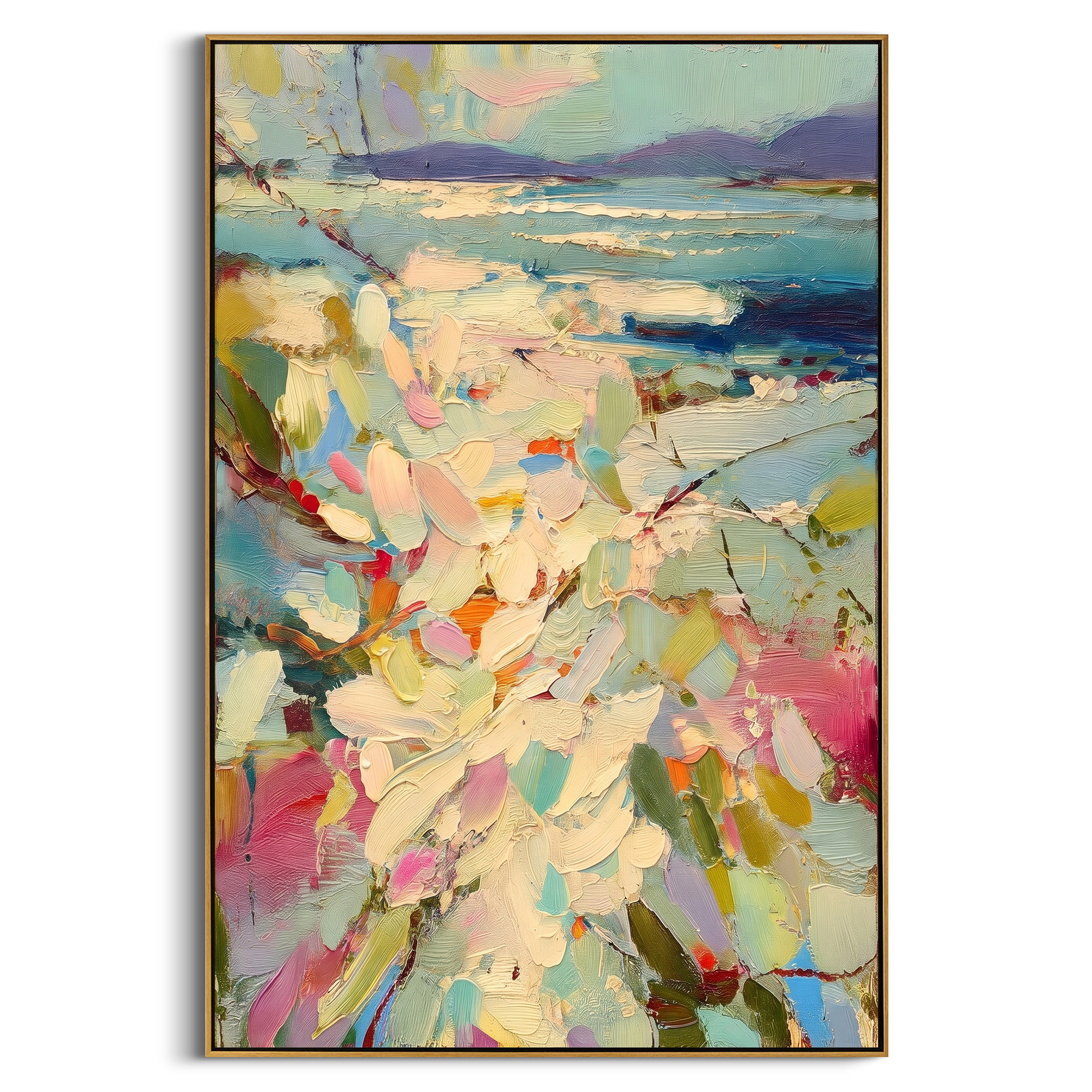 "Pastel Floral Coast Painting" focuses on atmosphere, surface movement, and sculptural heavy impasto craftsmanship rather than a fixed literal storyline. The composition uses this hand-painted vertical canvas presents a vertical pastel coastal scene with cream flowers and green leaves in the foreground, turquoise water, and distant purple hills as the visual anchor, while layered palette-knife paint, raised plaster-like texture, and softened brush movement create tactile depth across the canvas.