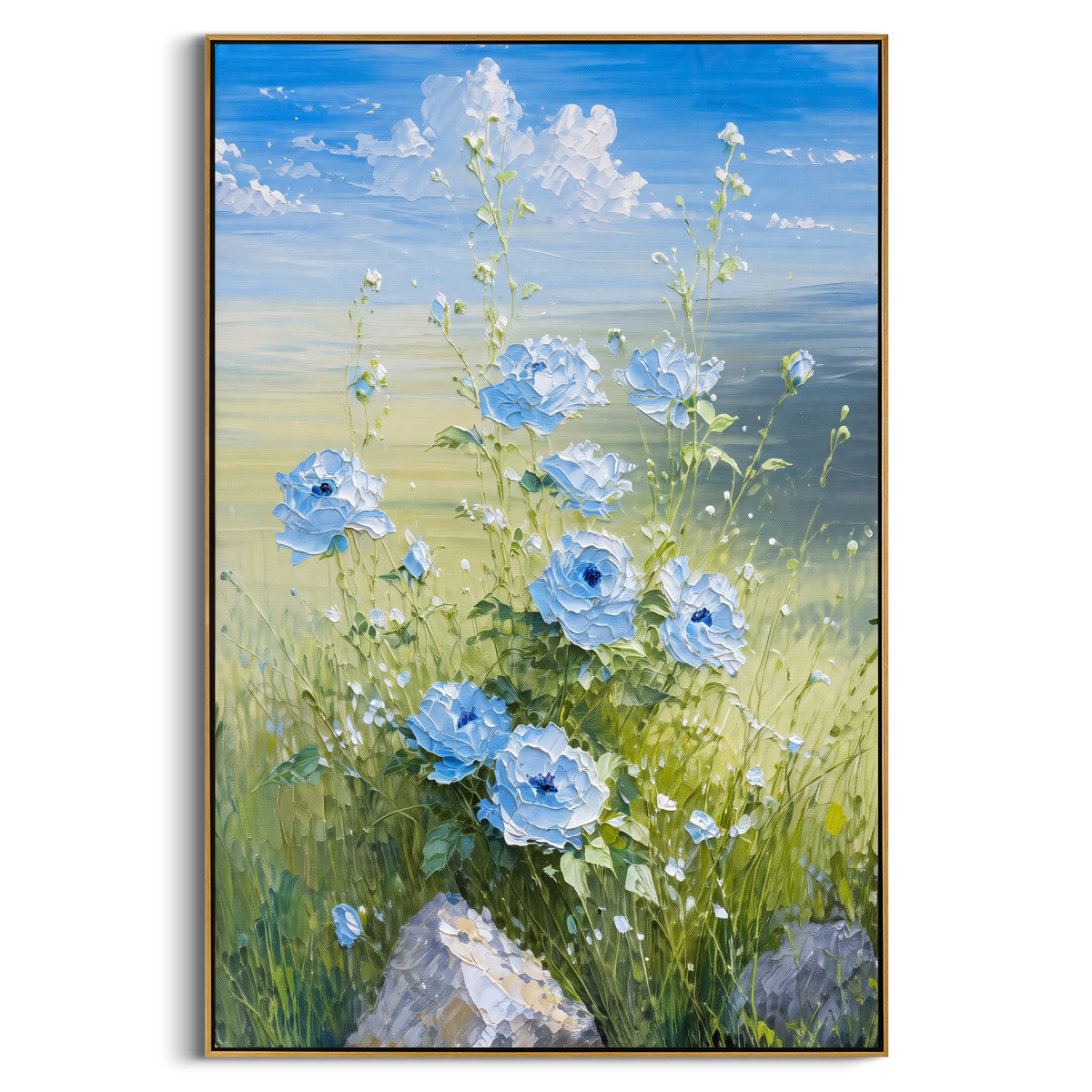 "Blue Meadow Flower Painting" focuses on atmosphere, surface movement, and sculptural heavy impasto craftsmanship rather than a fixed literal storyline. The composition uses this hand-painted vertical canvas presents blue and white flowers rising from green meadow grass beneath a soft blue sky, with raised petals and delicate stems as the visual anchor, while layered palette-knife paint, raised plaster-like texture, and softened brush movement create tactile depth across the canvas. Curated with