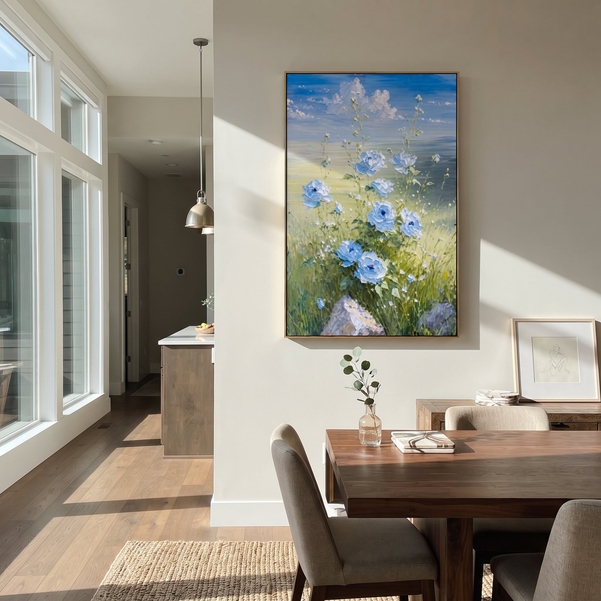 "Blue Meadow Flower Painting" focuses on atmosphere, surface movement, and sculptural heavy impasto craftsmanship rather than a fixed literal storyline. The composition uses this hand-painted vertical canvas presents blue and white flowers rising from green meadow grass beneath a soft blue sky, with raised petals and delicate stems as the visual anchor, while layered palette-knife paint, raised plaster-like texture, and softened brush movement create tactile depth across the canvas. Curated with