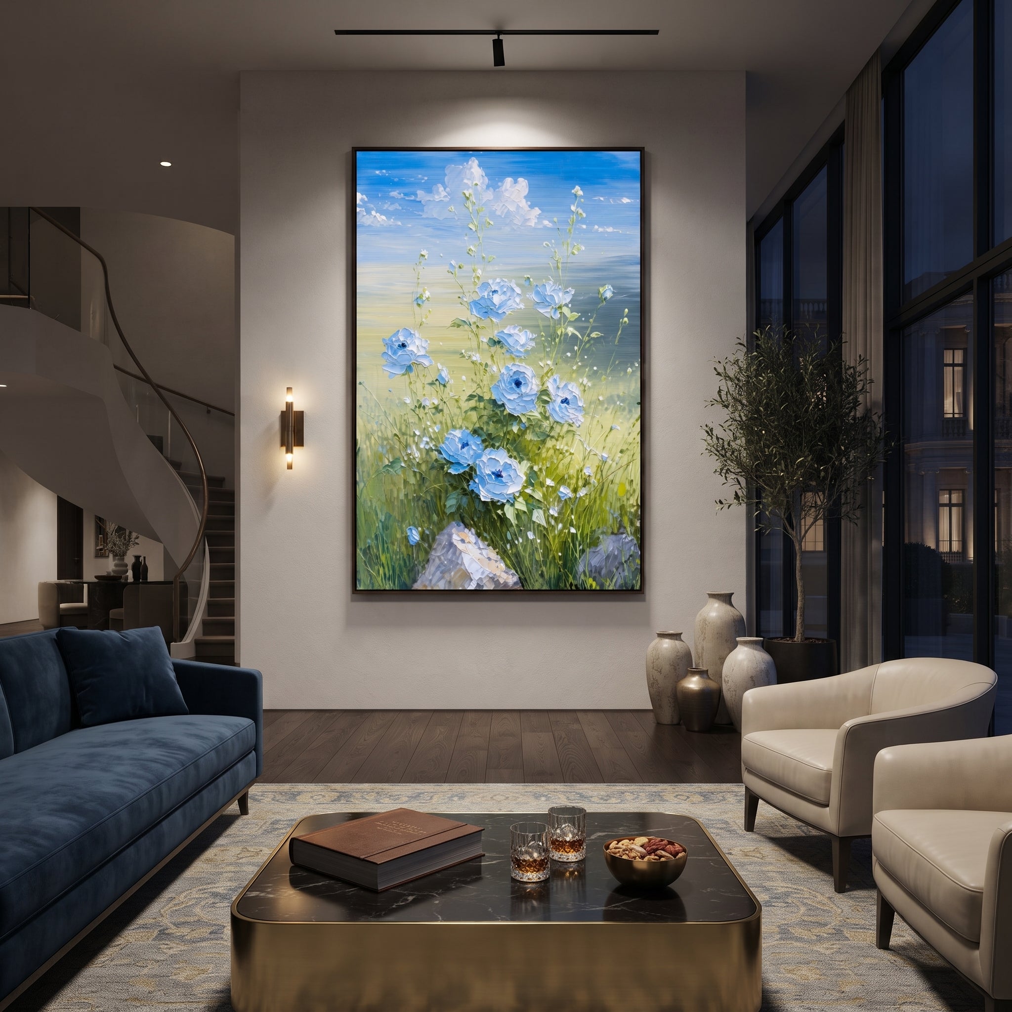 "Blue Meadow Flower Painting" focuses on atmosphere, surface movement, and sculptural heavy impasto craftsmanship rather than a fixed literal storyline. The composition uses this hand-painted vertical canvas presents blue and white flowers rising from green meadow grass beneath a soft blue sky, with raised petals and delicate stems as the visual anchor, while layered palette-knife paint, raised plaster-like texture, and softened brush movement create tactile depth across the canvas. Curated with