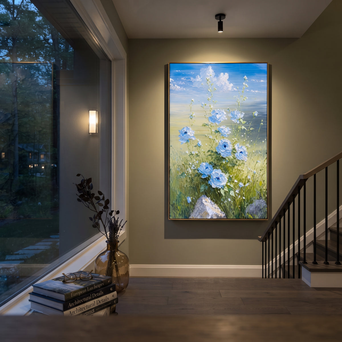 "Blue Meadow Flower Painting" focuses on atmosphere, surface movement, and sculptural heavy impasto craftsmanship rather than a fixed literal storyline. The composition uses this hand-painted vertical canvas presents blue and white flowers rising from green meadow grass beneath a soft blue sky, with raised petals and delicate stems as the visual anchor, while layered palette-knife paint, raised plaster-like texture, and softened brush movement create tactile depth across the canvas. Curated with