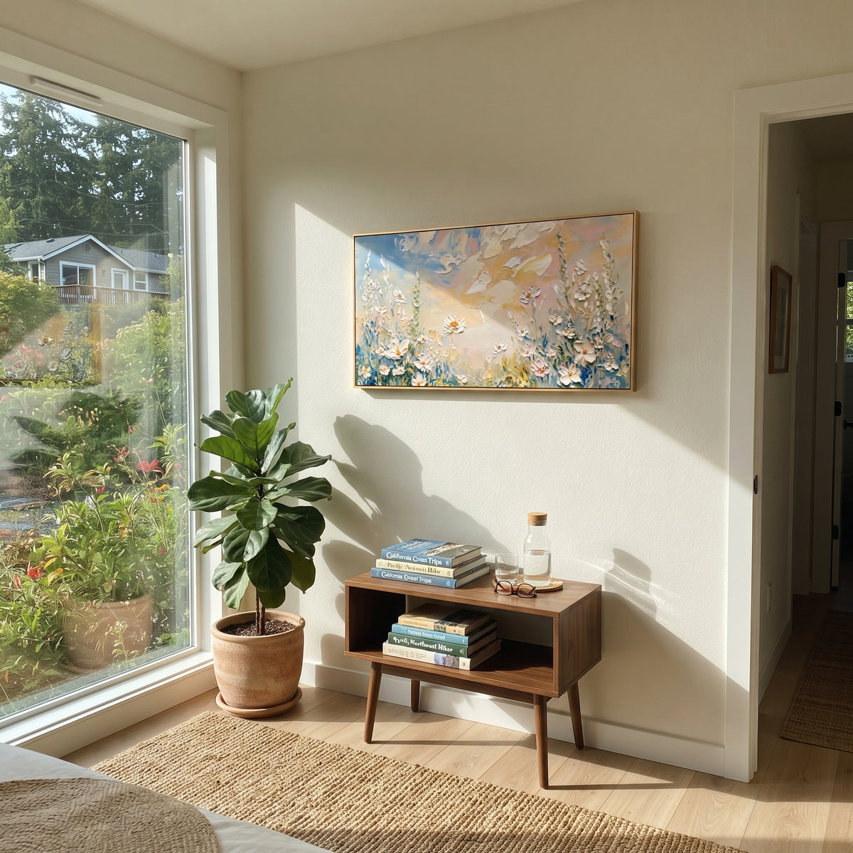 "White Daisy Meadow Painting" focuses on atmosphere, surface movement, and sculptural heavy impasto craftsmanship rather than a fixed literal storyline. The composition uses this hand-painted panoramic canvas presents white daisies and tall meadow stems along a peach and blue sky, with textured petals grouped across the lower panoramic canvas as the visual anchor, while layered palette-knife paint, raised plaster-like texture, and softened brush movement create tactile depth across the canvas.