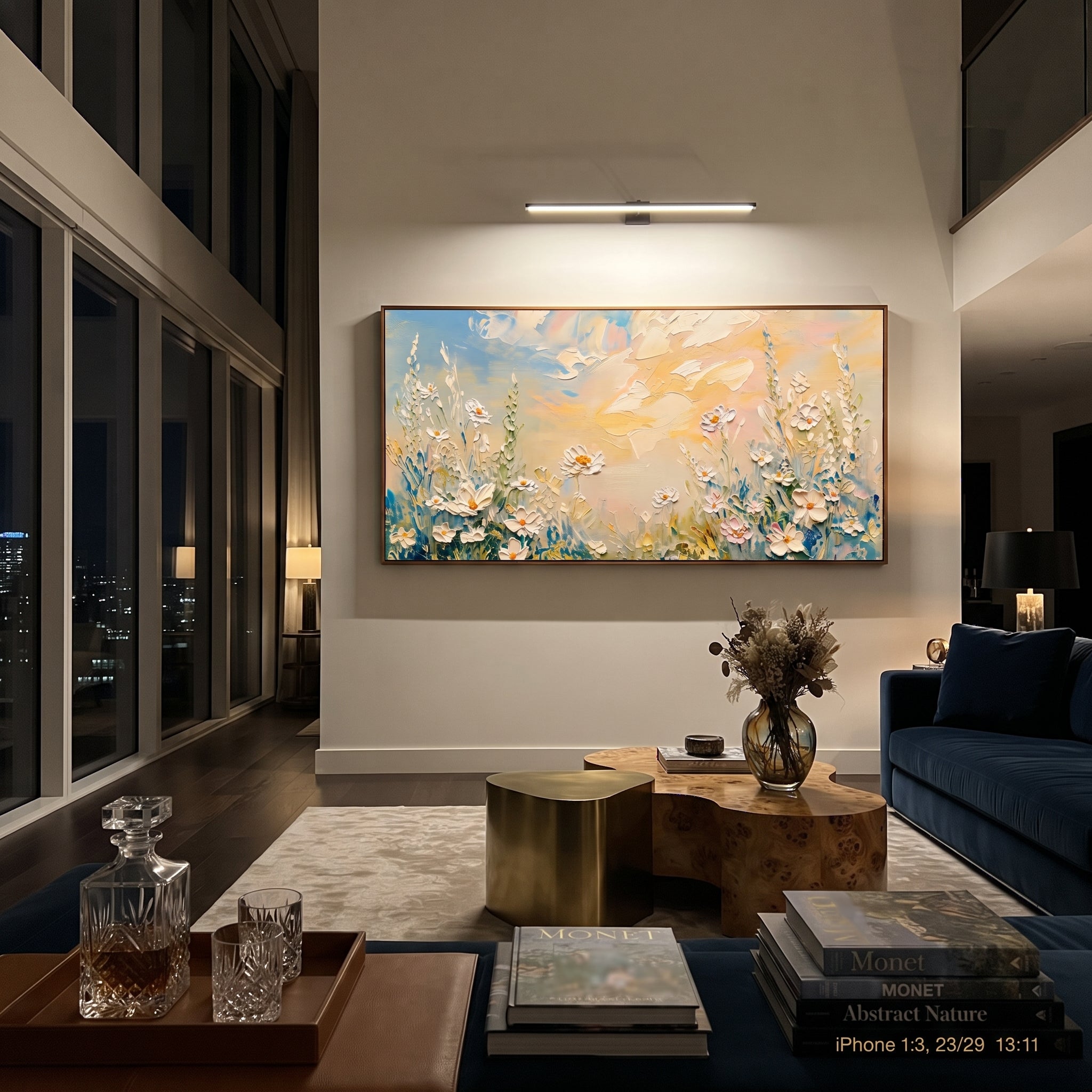 "White Daisy Meadow Painting" focuses on atmosphere, surface movement, and sculptural heavy impasto craftsmanship rather than a fixed literal storyline. The composition uses this hand-painted panoramic canvas presents white daisies and tall meadow stems along a peach and blue sky, with textured petals grouped across the lower panoramic canvas as the visual anchor, while layered palette-knife paint, raised plaster-like texture, and softened brush movement create tactile depth across the canvas.