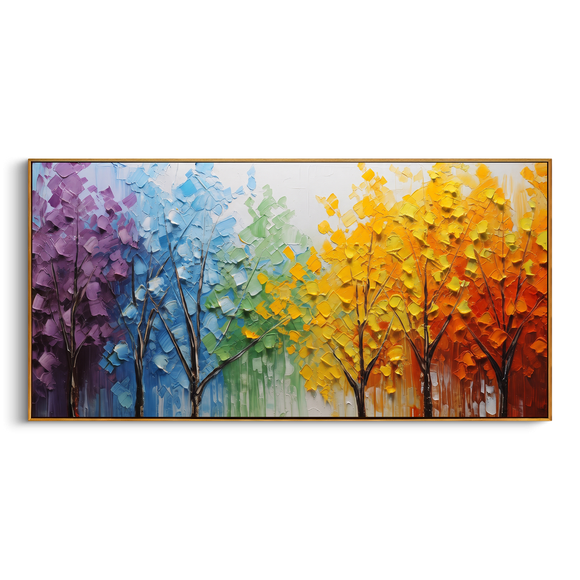 "Rainbow Tree Grove Painting" focuses on atmosphere, surface movement, and sculptural heavy impasto craftsmanship rather than a fixed literal storyline. The composition uses this hand-painted panoramic canvas presents a row of slender dark trees beneath purple, blue, green, yellow, orange, and red foliage, built with thick impasto strokes as the visual anchor, while layered palette-knife paint, raised plaster-like texture, and softened brush movement create tactile depth across the canvas.