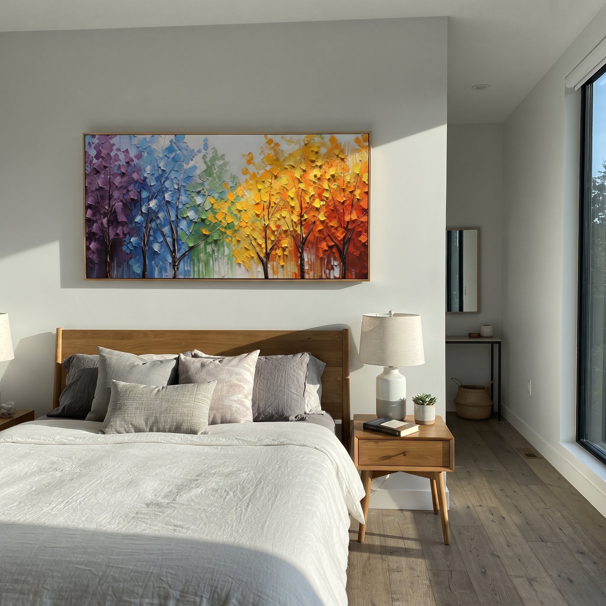 "Rainbow Tree Grove Painting" focuses on atmosphere, surface movement, and sculptural heavy impasto craftsmanship rather than a fixed literal storyline. The composition uses this hand-painted panoramic canvas presents a row of slender dark trees beneath purple, blue, green, yellow, orange, and red foliage, built with thick impasto strokes as the visual anchor, while layered palette-knife paint, raised plaster-like texture, and softened brush movement create tactile depth across the canvas.