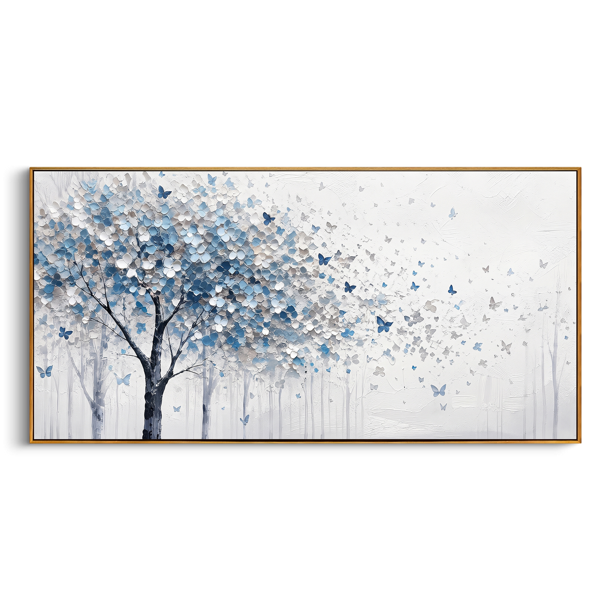 "Blue Butterfly Tree Painting" focuses on atmosphere, surface movement, and sculptural heavy impasto craftsmanship rather than a fixed literal storyline. The composition uses this hand-painted panoramic canvas presents a blue grey and white blossoming tree on the left with small blue butterflies drifting into an open white textured field as the visual anchor, while layered palette-knife paint, raised plaster-like texture, and softened brush movement create tactile depth across the canvas.