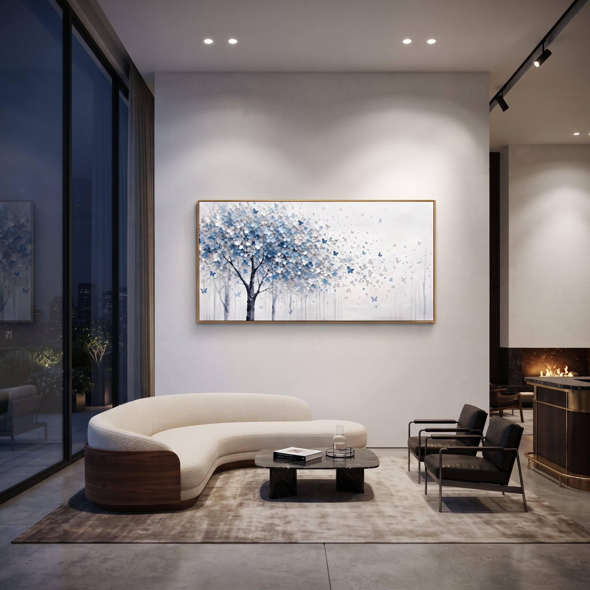 "Blue Butterfly Tree Painting" focuses on atmosphere, surface movement, and sculptural heavy impasto craftsmanship rather than a fixed literal storyline. The composition uses this hand-painted panoramic canvas presents a blue grey and white blossoming tree on the left with small blue butterflies drifting into an open white textured field as the visual anchor, while layered palette-knife paint, raised plaster-like texture, and softened brush movement create tactile depth across the canvas.