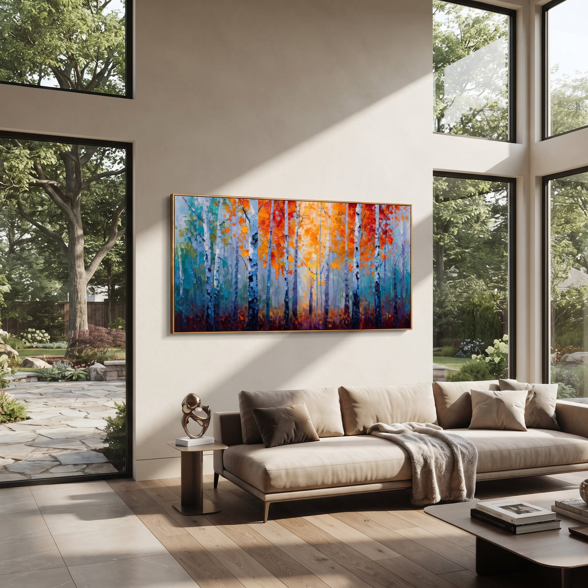 "Orange Blue Birch Forest Painting" focuses on atmosphere, surface movement, and sculptural heavy impasto craftsmanship rather than a fixed literal storyline. The composition uses this hand-painted panoramic canvas presents white birch trunks with glowing orange leaves against cool blue and teal forest haze, using raised textured paint as the visual anchor, while layered palette-knife paint, raised plaster-like texture, and softened brush movement create tactile depth across the canvas. Curated