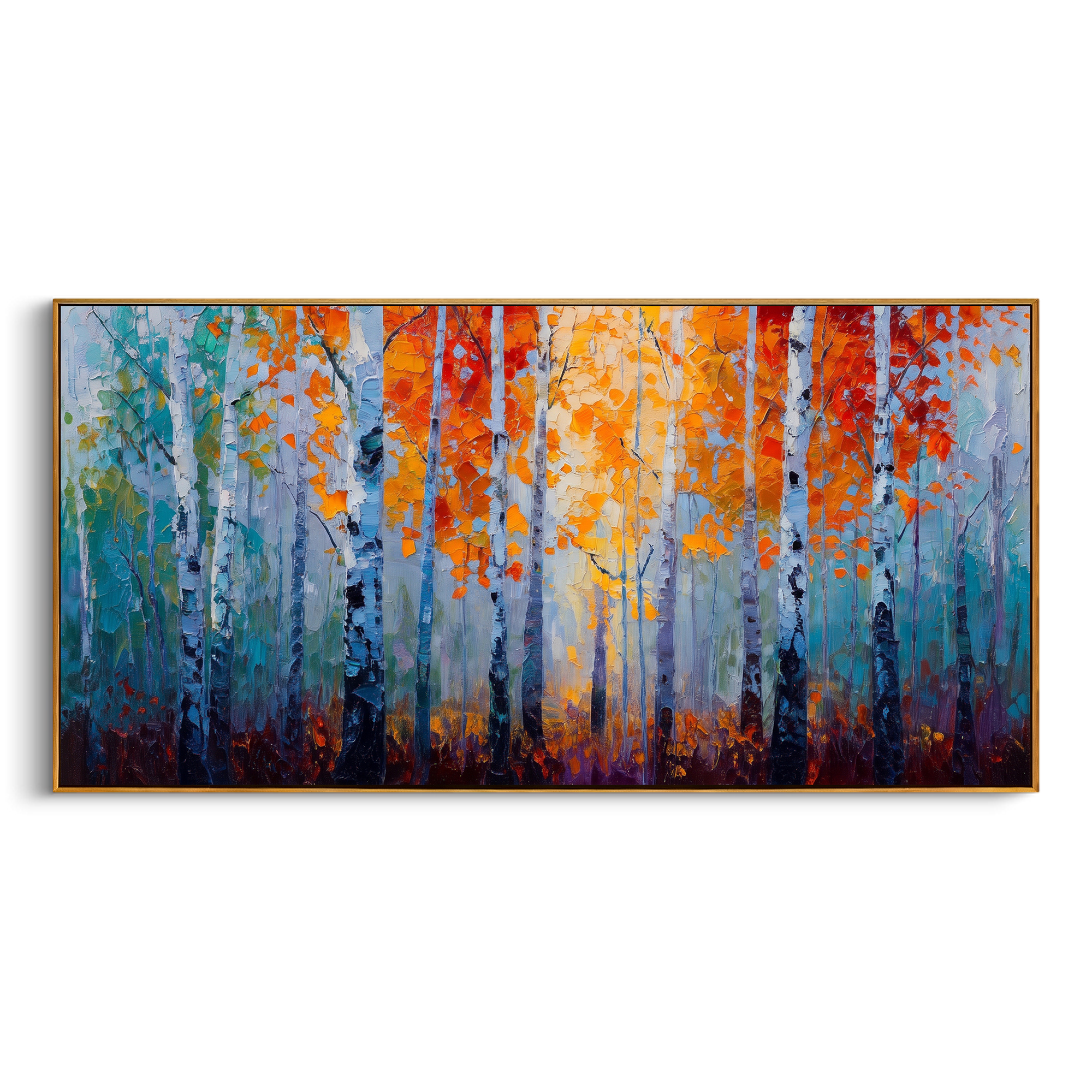 "Orange Blue Birch Forest Painting" focuses on atmosphere, surface movement, and sculptural heavy impasto craftsmanship rather than a fixed literal storyline. The composition uses this hand-painted panoramic canvas presents white birch trunks with glowing orange leaves against cool blue and teal forest haze, using raised textured paint as the visual anchor, while layered palette-knife paint, raised plaster-like texture, and softened brush movement create tactile depth across the canvas. Curated