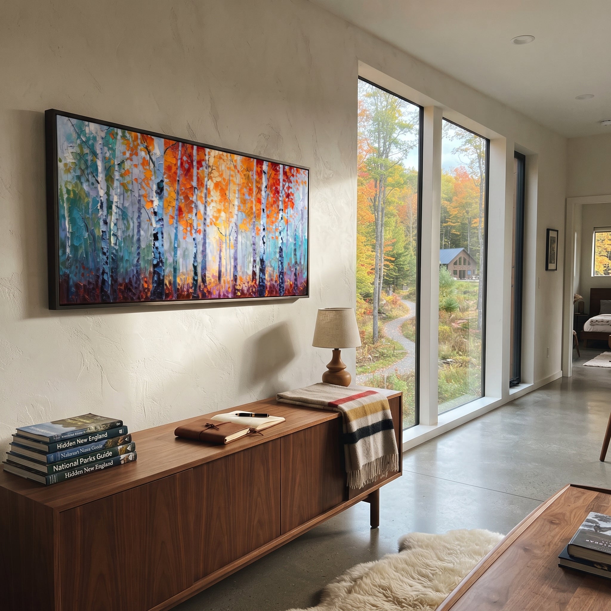 "Orange Blue Birch Forest Painting" focuses on atmosphere, surface movement, and sculptural heavy impasto craftsmanship rather than a fixed literal storyline. The composition uses this hand-painted panoramic canvas presents white birch trunks with glowing orange leaves against cool blue and teal forest haze, using raised textured paint as the visual anchor, while layered palette-knife paint, raised plaster-like texture, and softened brush movement create tactile depth across the canvas. Curated