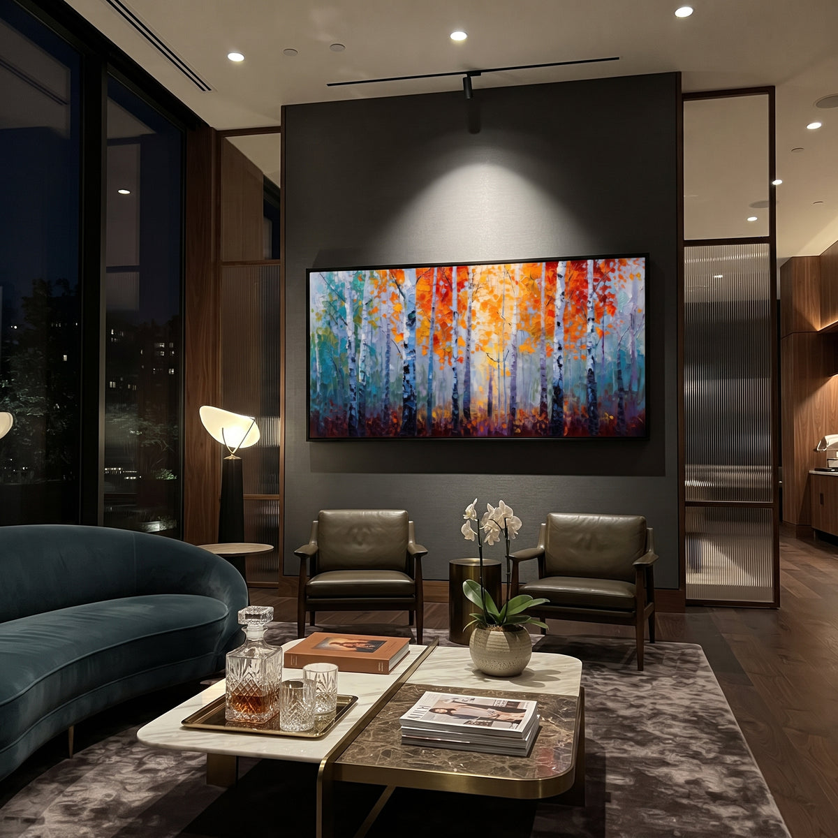 "Orange Blue Birch Forest Painting" focuses on atmosphere, surface movement, and sculptural heavy impasto craftsmanship rather than a fixed literal storyline. The composition uses this hand-painted panoramic canvas presents white birch trunks with glowing orange leaves against cool blue and teal forest haze, using raised textured paint as the visual anchor, while layered palette-knife paint, raised plaster-like texture, and softened brush movement create tactile depth across the canvas. Curated