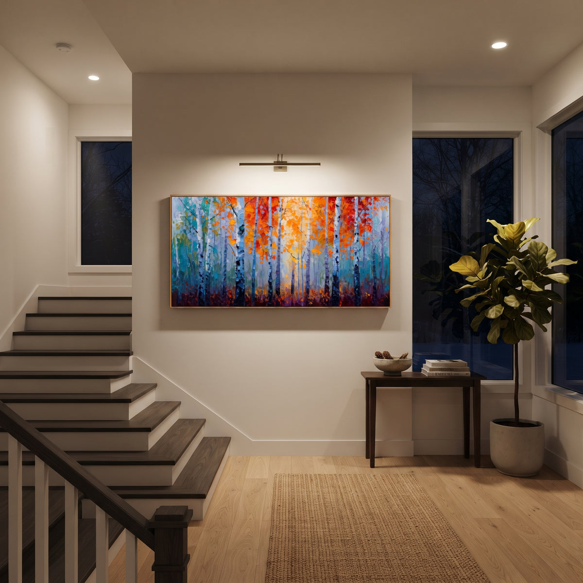 "Orange Blue Birch Forest Painting" focuses on atmosphere, surface movement, and sculptural heavy impasto craftsmanship rather than a fixed literal storyline. The composition uses this hand-painted panoramic canvas presents white birch trunks with glowing orange leaves against cool blue and teal forest haze, using raised textured paint as the visual anchor, while layered palette-knife paint, raised plaster-like texture, and softened brush movement create tactile depth across the canvas. Curated