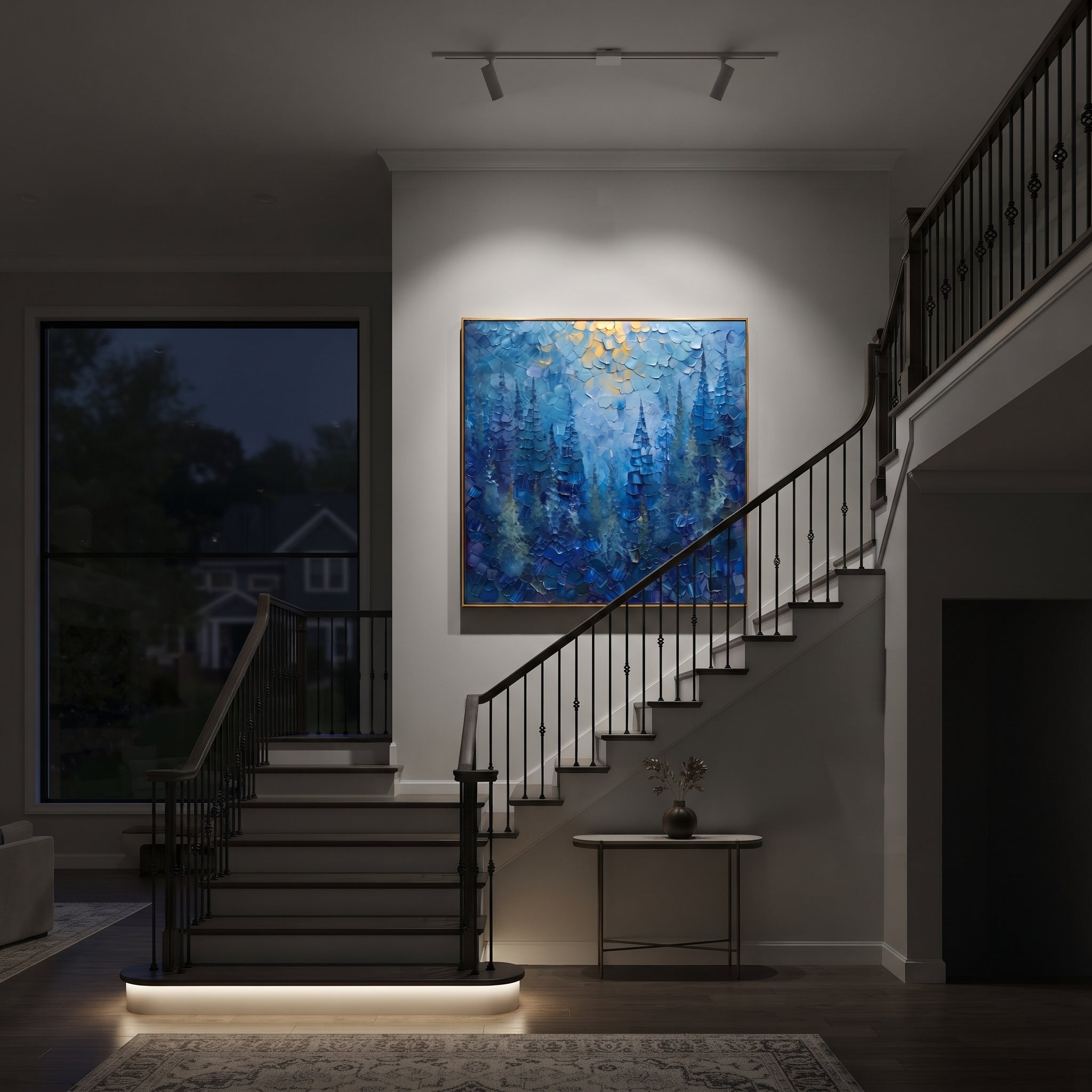 "Blue Pine Forest Painting" focuses on atmosphere, surface movement, and sculptural heavy impasto craftsmanship rather than a fixed literal storyline. The composition uses this hand-painted square canvas presents deep blue evergreen trees beneath pale golden sky light, with dense layered palette-knife texture throughout the forest as the visual anchor, while layered palette-knife paint, raised plaster-like texture, and softened brush movement create tactile depth across the canvas. Curated with