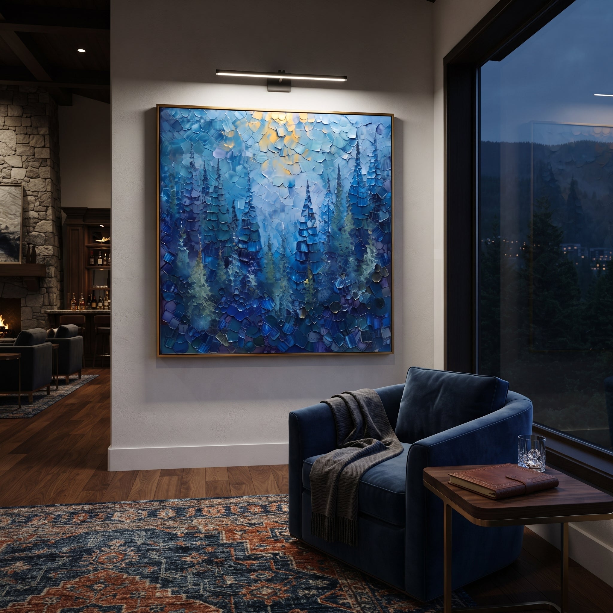 "Blue Pine Forest Painting" focuses on atmosphere, surface movement, and sculptural heavy impasto craftsmanship rather than a fixed literal storyline. The composition uses this hand-painted square canvas presents deep blue evergreen trees beneath pale golden sky light, with dense layered palette-knife texture throughout the forest as the visual anchor, while layered palette-knife paint, raised plaster-like texture, and softened brush movement create tactile depth across the canvas. Curated with