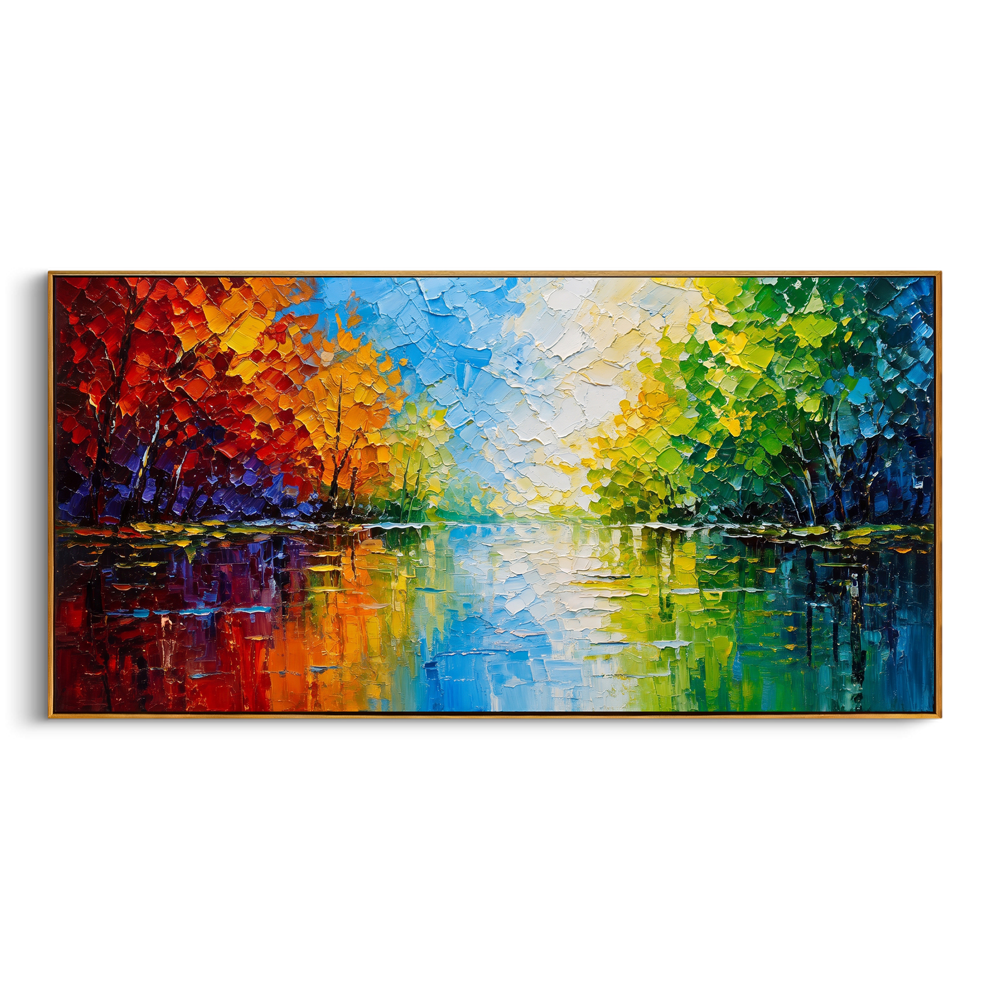 "Colorful Lake Reflection Painting" focuses on atmosphere, surface movement, and sculptural heavy impasto craftsmanship rather than a fixed literal storyline. The composition uses this hand-painted panoramic canvas presents a bright lake reflection scene with red orange trees on the left, green trees on the right, blue water, and a white glowing center as the visual anchor, while layered palette-knife paint, raised plaster-like texture, and softened brush movement create tactile depth across the