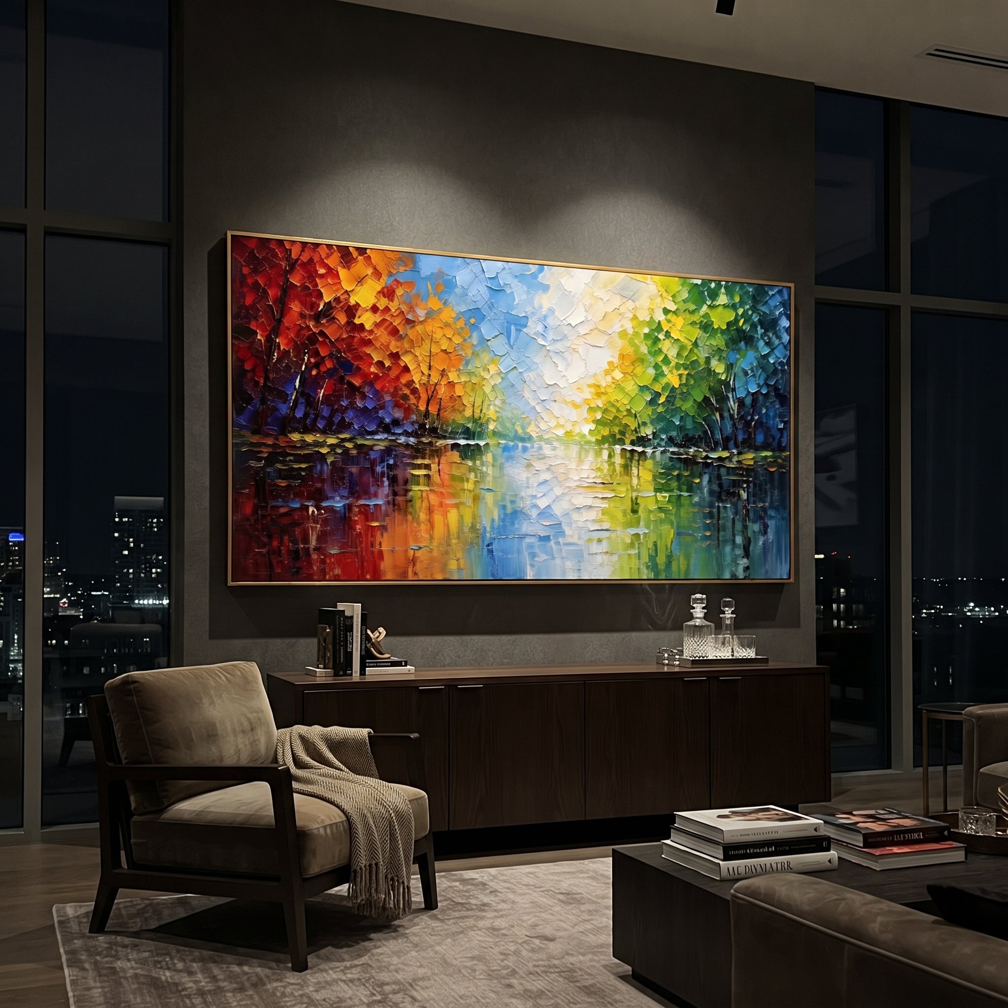 "Colorful Lake Reflection Painting" focuses on atmosphere, surface movement, and sculptural heavy impasto craftsmanship rather than a fixed literal storyline. The composition uses this hand-painted panoramic canvas presents a bright lake reflection scene with red orange trees on the left, green trees on the right, blue water, and a white glowing center as the visual anchor, while layered palette-knife paint, raised plaster-like texture, and softened brush movement create tactile depth across the