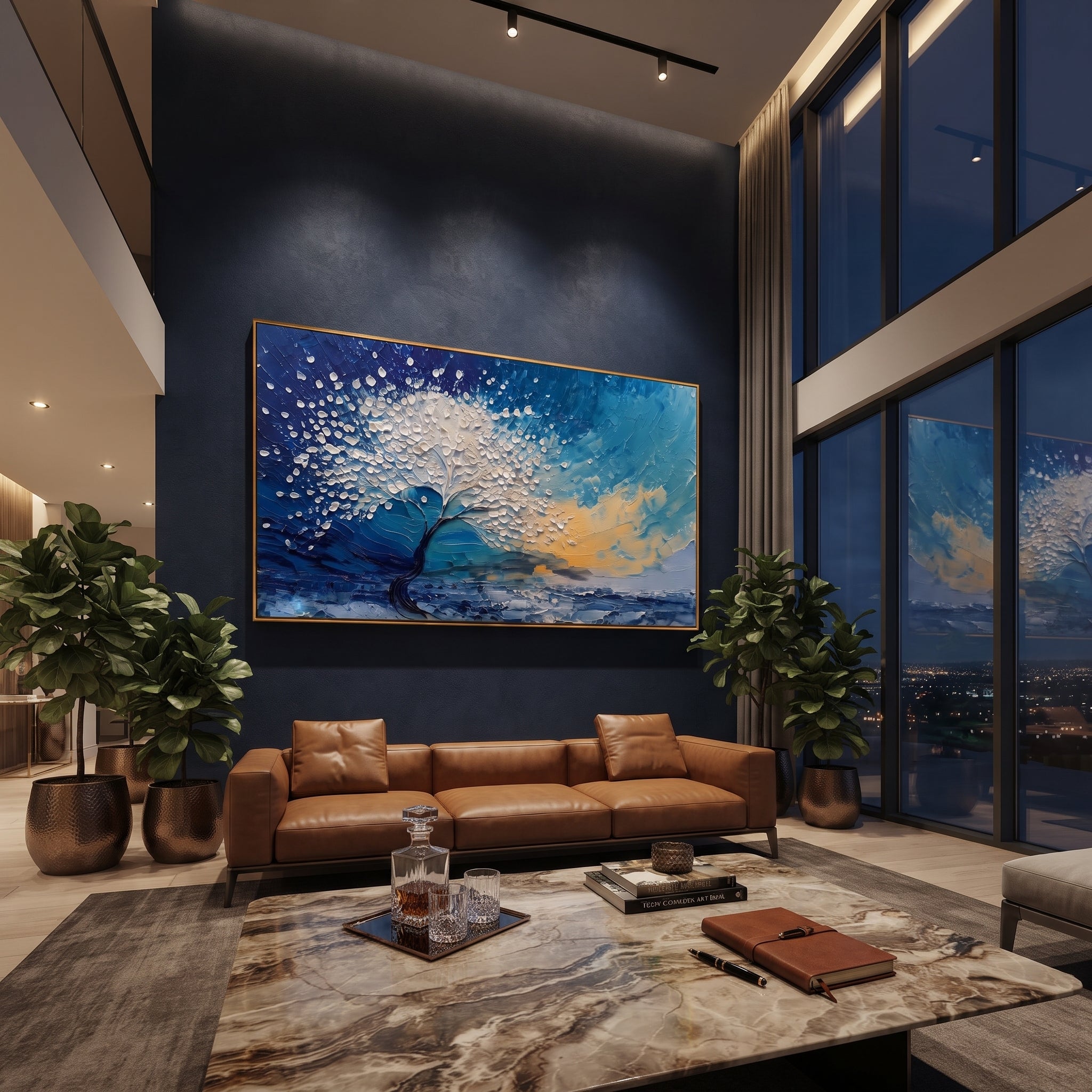 "White Wind Tree Painting" focuses on atmosphere, surface movement, and sculptural heavy impasto craftsmanship rather than a fixed literal storyline. The composition uses this hand-painted panoramic canvas presents a wind-bent white blossom tree over blue water and sky, with deep navy shadows and warm beige sunset texture as the visual anchor, while layered palette-knife paint, raised plaster-like texture, and softened brush movement create tactile depth across the canvas. Curated with a