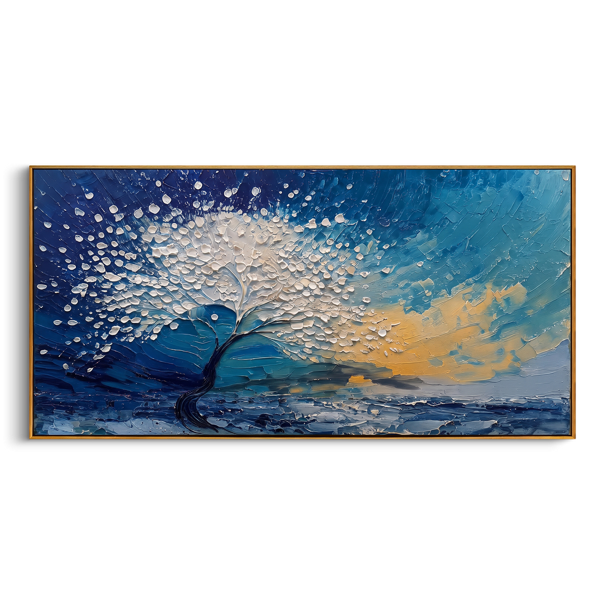 "White Wind Tree Painting" focuses on atmosphere, surface movement, and sculptural heavy impasto craftsmanship rather than a fixed literal storyline. The composition uses this hand-painted panoramic canvas presents a wind-bent white blossom tree over blue water and sky, with deep navy shadows and warm beige sunset texture as the visual anchor, while layered palette-knife paint, raised plaster-like texture, and softened brush movement create tactile depth across the canvas. Curated with a