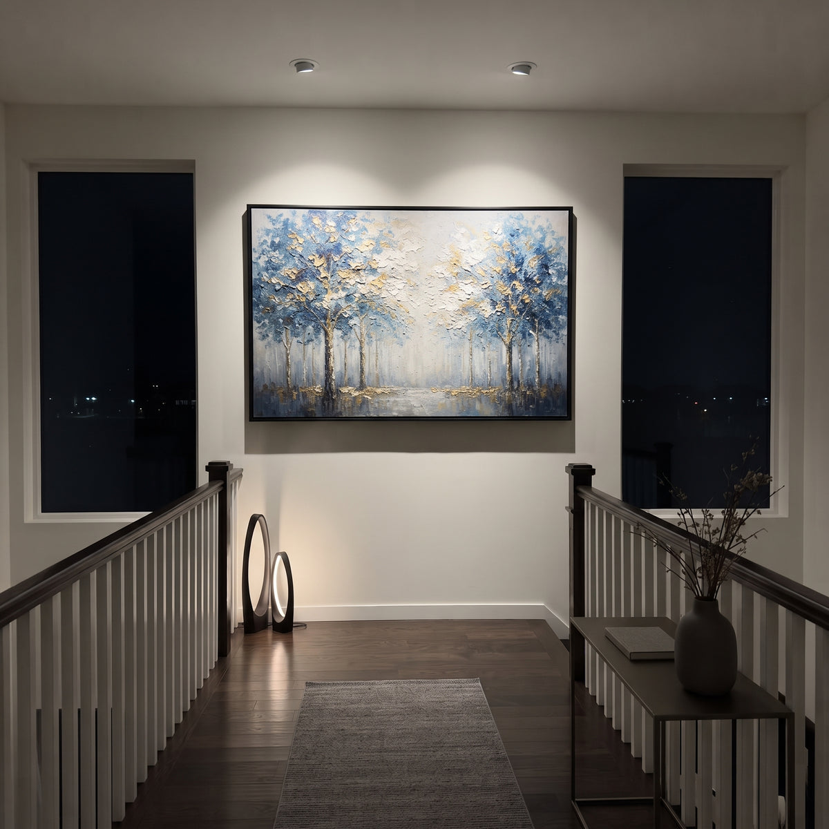 "White Wind Tree Painting" focuses on atmosphere, surface movement, and sculptural heavy impasto craftsmanship rather than a fixed literal storyline. The composition uses this hand-painted panoramic canvas presents a wind-bent white blossom tree over blue water and sky, with deep navy shadows and warm beige sunset texture as the visual anchor, while layered palette-knife paint, raised plaster-like texture, and softened brush movement create tactile depth across the canvas. Curated with a