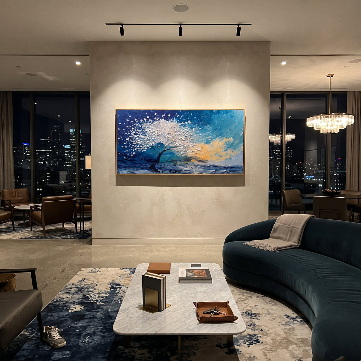 "White Wind Tree Painting" focuses on atmosphere, surface movement, and sculptural heavy impasto craftsmanship rather than a fixed literal storyline. The composition uses this hand-painted panoramic canvas presents a wind-bent white blossom tree over blue water and sky, with deep navy shadows and warm beige sunset texture as the visual anchor, while layered palette-knife paint, raised plaster-like texture, and softened brush movement create tactile depth across the canvas. Curated with a