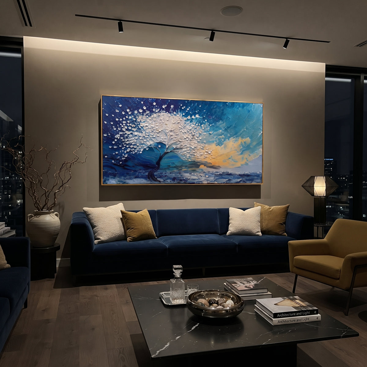 "White Wind Tree Painting" focuses on atmosphere, surface movement, and sculptural heavy impasto craftsmanship rather than a fixed literal storyline. The composition uses this hand-painted panoramic canvas presents a wind-bent white blossom tree over blue water and sky, with deep navy shadows and warm beige sunset texture as the visual anchor, while layered palette-knife paint, raised plaster-like texture, and softened brush movement create tactile depth across the canvas. Curated with a