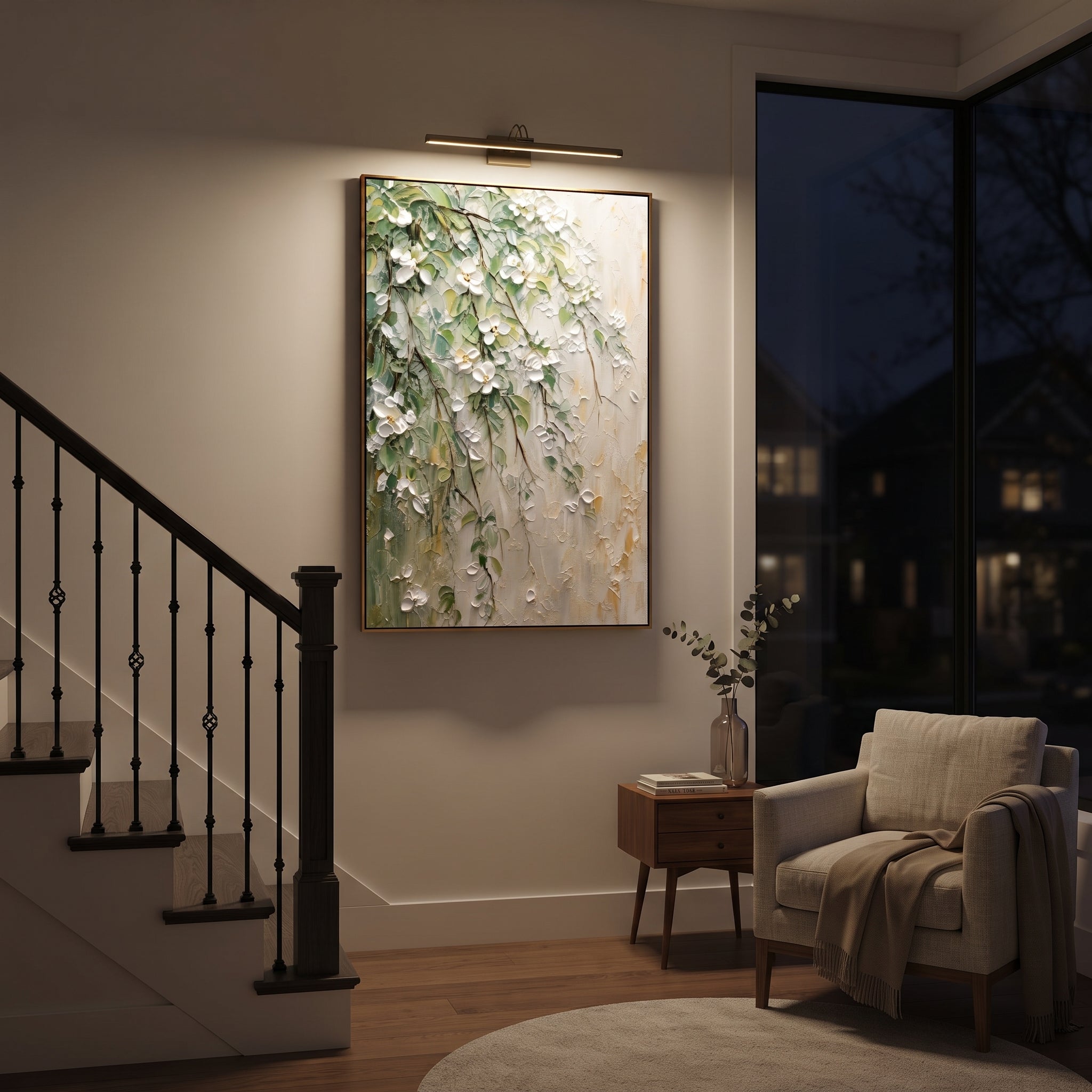 "White Green Floral Branch Painting" focuses on atmosphere, surface movement, and sculptural heavy impasto craftsmanship rather than a fixed literal storyline. The composition uses this hand-painted vertical canvas presents white raised blossoms and green leaves trailing diagonally over a pale textured wall, with thin brown branches and soft gold touches as the visual anchor, while layered palette-knife paint, raised plaster-like texture, and softened brush movement create tactile depth across