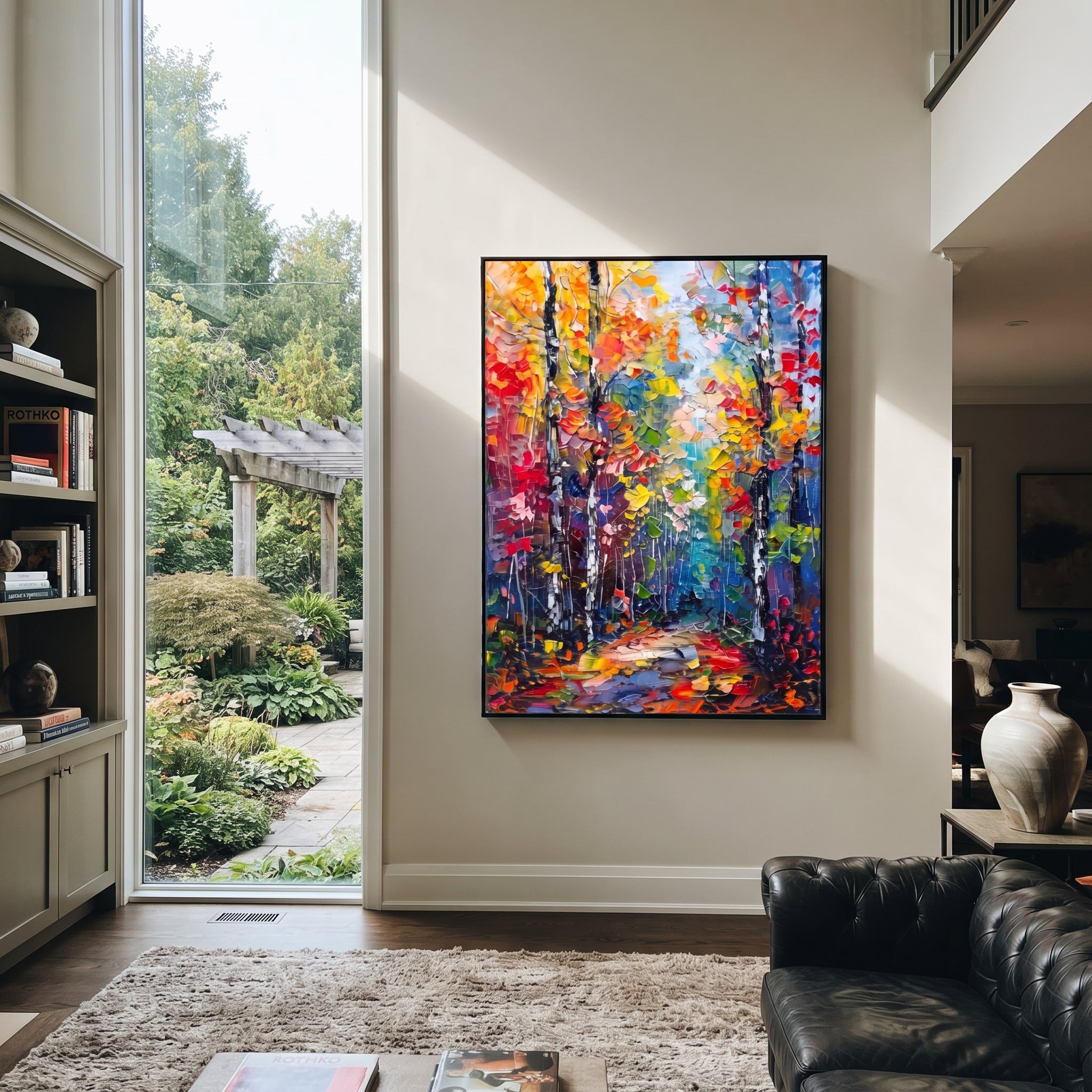 "Colorful Birch Trail Painting" focuses on atmosphere, surface movement, and sculptural heavy impasto craftsmanship rather than a fixed literal storyline. The composition uses this hand-painted vertical canvas presents a tall birch forest trail with black and white trunks, orange yellow red foliage, teal blue shadows, and lively palette-knife texture as the visual anchor, while layered palette-knife paint, raised plaster-like texture, and softened brush movement create tactile depth across the