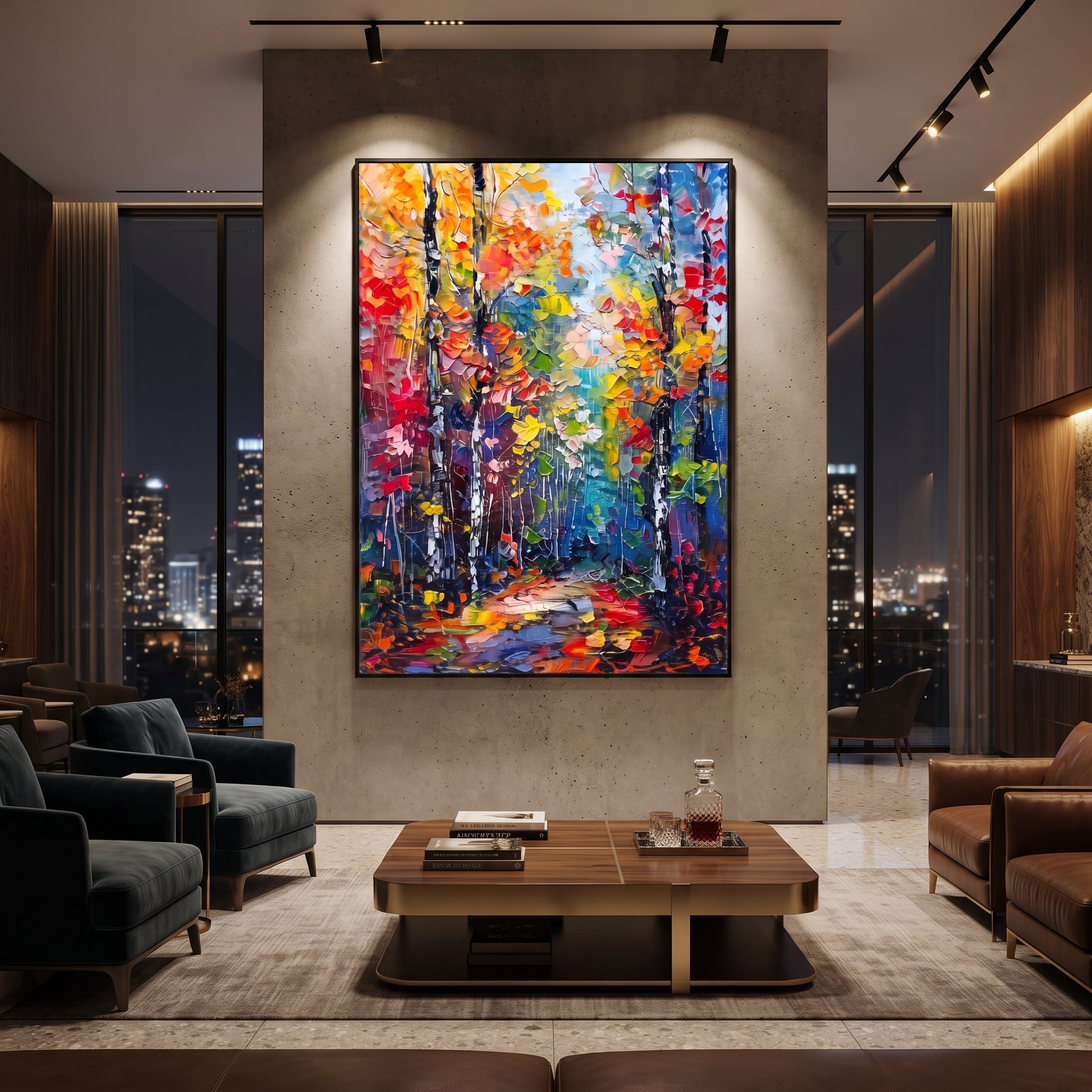 "Colorful Birch Trail Painting" focuses on atmosphere, surface movement, and sculptural heavy impasto craftsmanship rather than a fixed literal storyline. The composition uses this hand-painted vertical canvas presents a tall birch forest trail with black and white trunks, orange yellow red foliage, teal blue shadows, and lively palette-knife texture as the visual anchor, while layered palette-knife paint, raised plaster-like texture, and softened brush movement create tactile depth across the