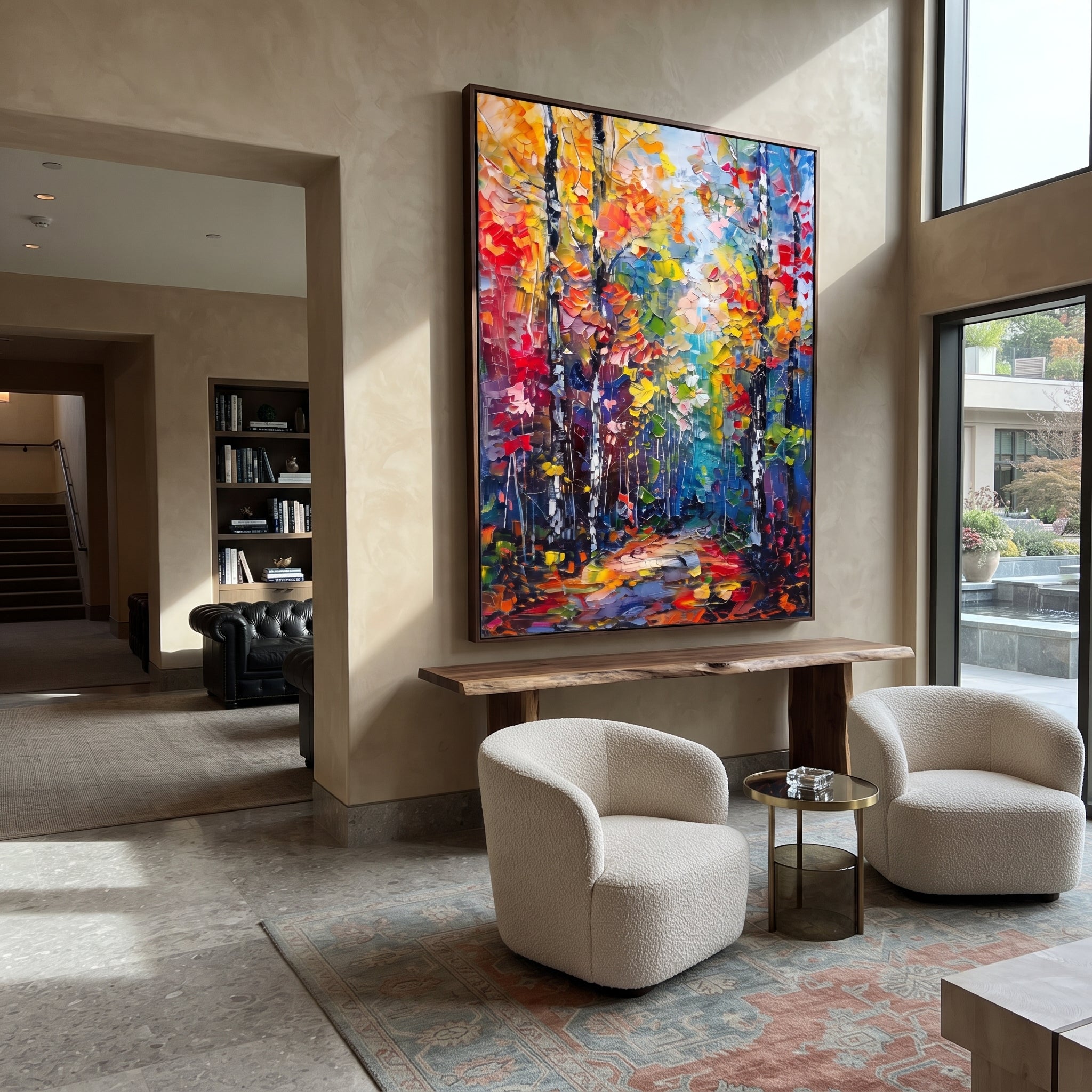"Colorful Birch Trail Painting" focuses on atmosphere, surface movement, and sculptural heavy impasto craftsmanship rather than a fixed literal storyline. The composition uses this hand-painted vertical canvas presents a tall birch forest trail with black and white trunks, orange yellow red foliage, teal blue shadows, and lively palette-knife texture as the visual anchor, while layered palette-knife paint, raised plaster-like texture, and softened brush movement create tactile depth across the