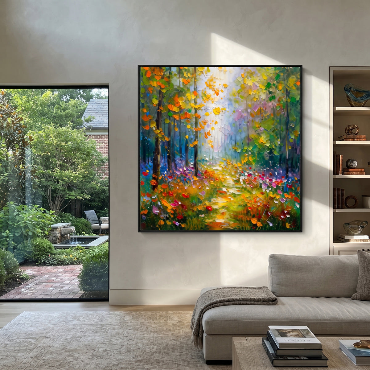 "Sunlit Green Woodland Painting" focuses on atmosphere, surface movement, and sculptural heavy impasto craftsmanship rather than a fixed literal storyline. The composition uses this hand-painted square canvas presents a square woodland path glowing with yellow light, green foliage, orange leaves, and small colorful meadow accents as the visual anchor, while layered palette-knife paint, raised plaster-like texture, and softened brush movement create tactile depth across the canvas. Curated with a
