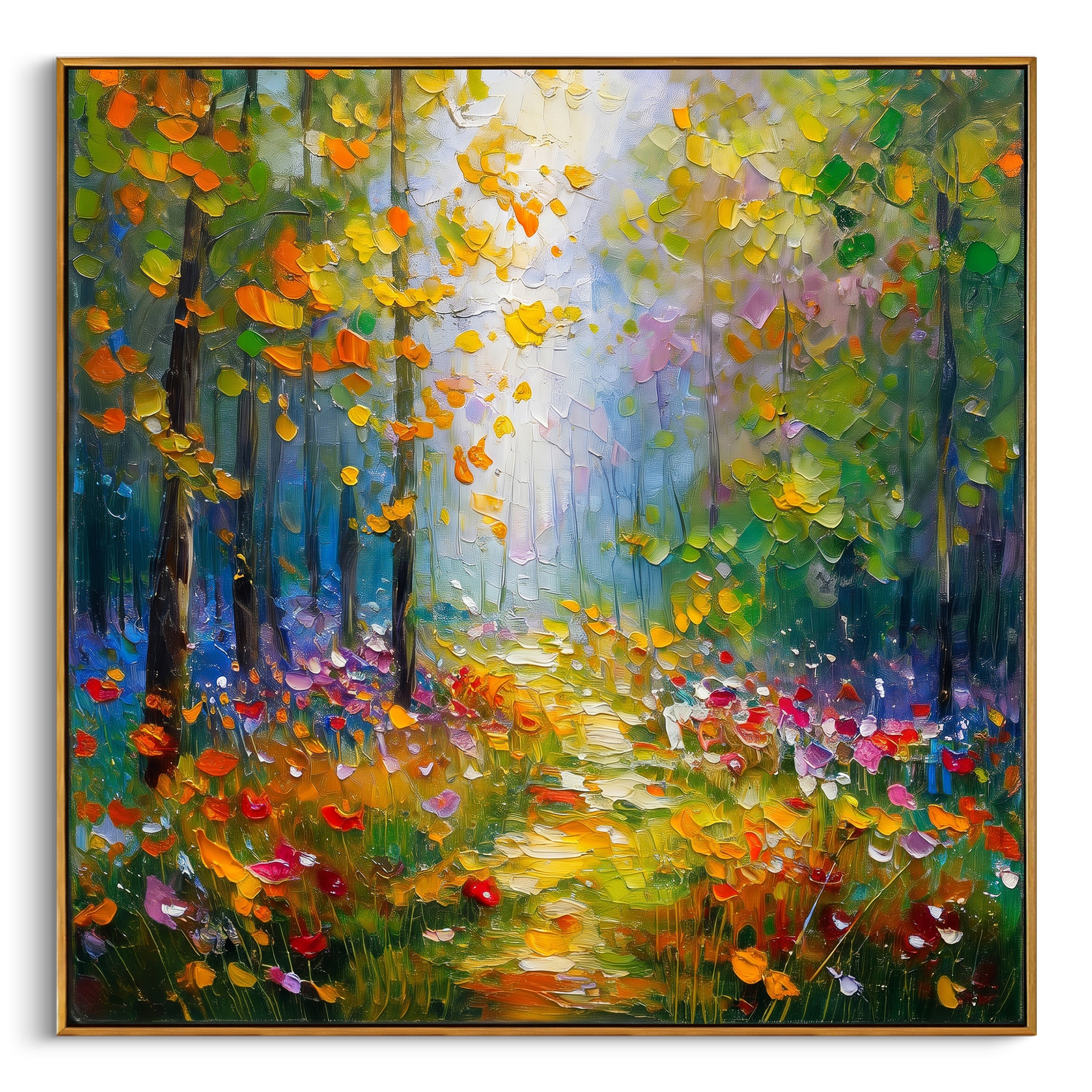 "Sunlit Green Woodland Painting" focuses on atmosphere, surface movement, and sculptural heavy impasto craftsmanship rather than a fixed literal storyline. The composition uses this hand-painted square canvas presents a square woodland path glowing with yellow light, green foliage, orange leaves, and small colorful meadow accents as the visual anchor, while layered palette-knife paint, raised plaster-like texture, and softened brush movement create tactile depth across the canvas. Curated with a
