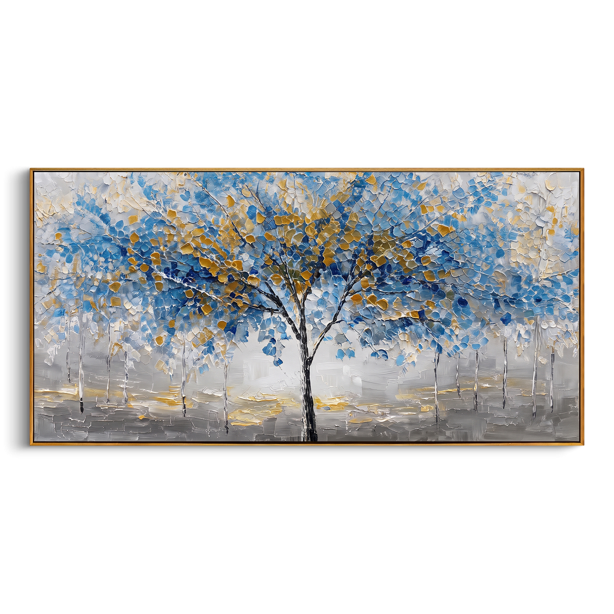 "Blue Gold Tree Painting" focuses on atmosphere, surface movement, and sculptural heavy impasto craftsmanship rather than a fixed literal storyline. The composition uses this hand-painted panoramic canvas presents a central black tree with blue and golden leaves over a grey white textured ground, with slender pale trees in the background as the visual anchor, while layered palette-knife paint, raised plaster-like texture, and softened brush movement create tactile depth across the canvas.