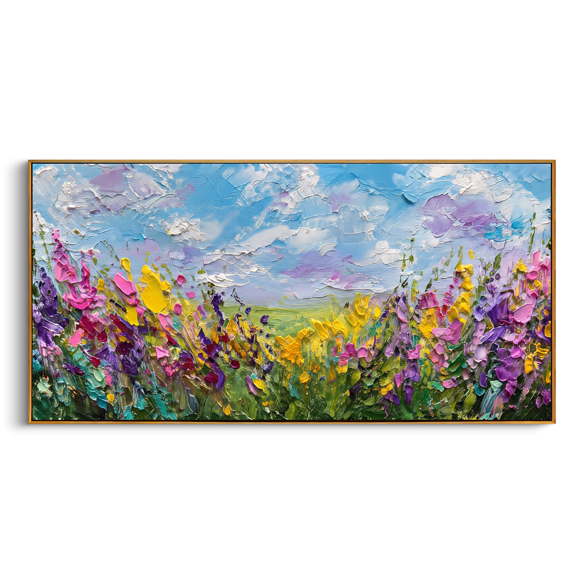 "Wildflower Meadow Painting" focuses on atmosphere, surface movement, and sculptural heavy impasto craftsmanship rather than a fixed literal storyline. The composition uses this hand-painted panoramic canvas presents a panoramic wildflower field with yellow, purple, and pink blooms under a blue sky with raised white cloud texture as the visual anchor, while layered palette-knife paint, raised plaster-like texture, and softened brush movement create tactile depth across the canvas. Curated with a