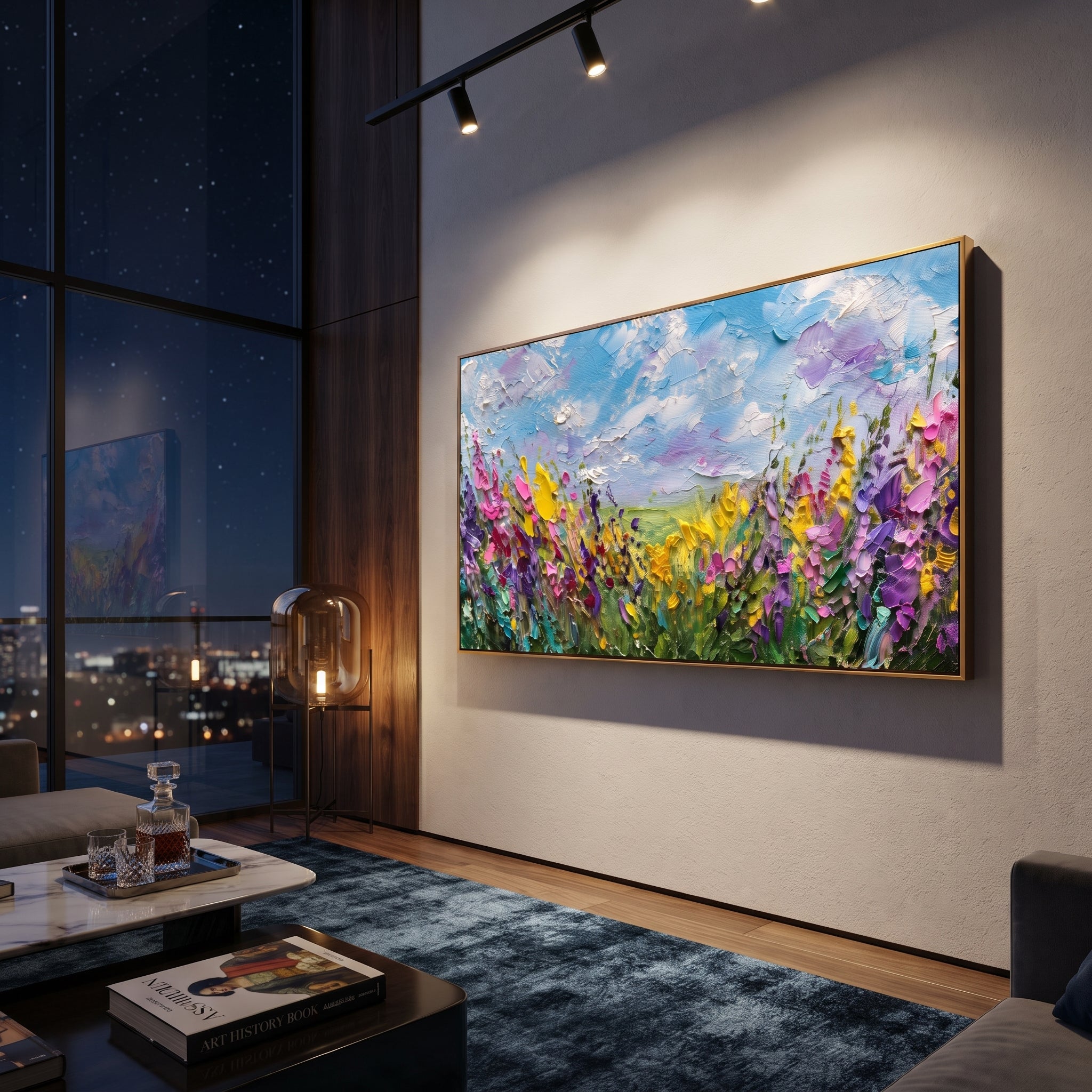 "Wildflower Meadow Painting" focuses on atmosphere, surface movement, and sculptural heavy impasto craftsmanship rather than a fixed literal storyline. The composition uses this hand-painted panoramic canvas presents a panoramic wildflower field with yellow, purple, and pink blooms under a blue sky with raised white cloud texture as the visual anchor, while layered palette-knife paint, raised plaster-like texture, and softened brush movement create tactile depth across the canvas. Curated with a