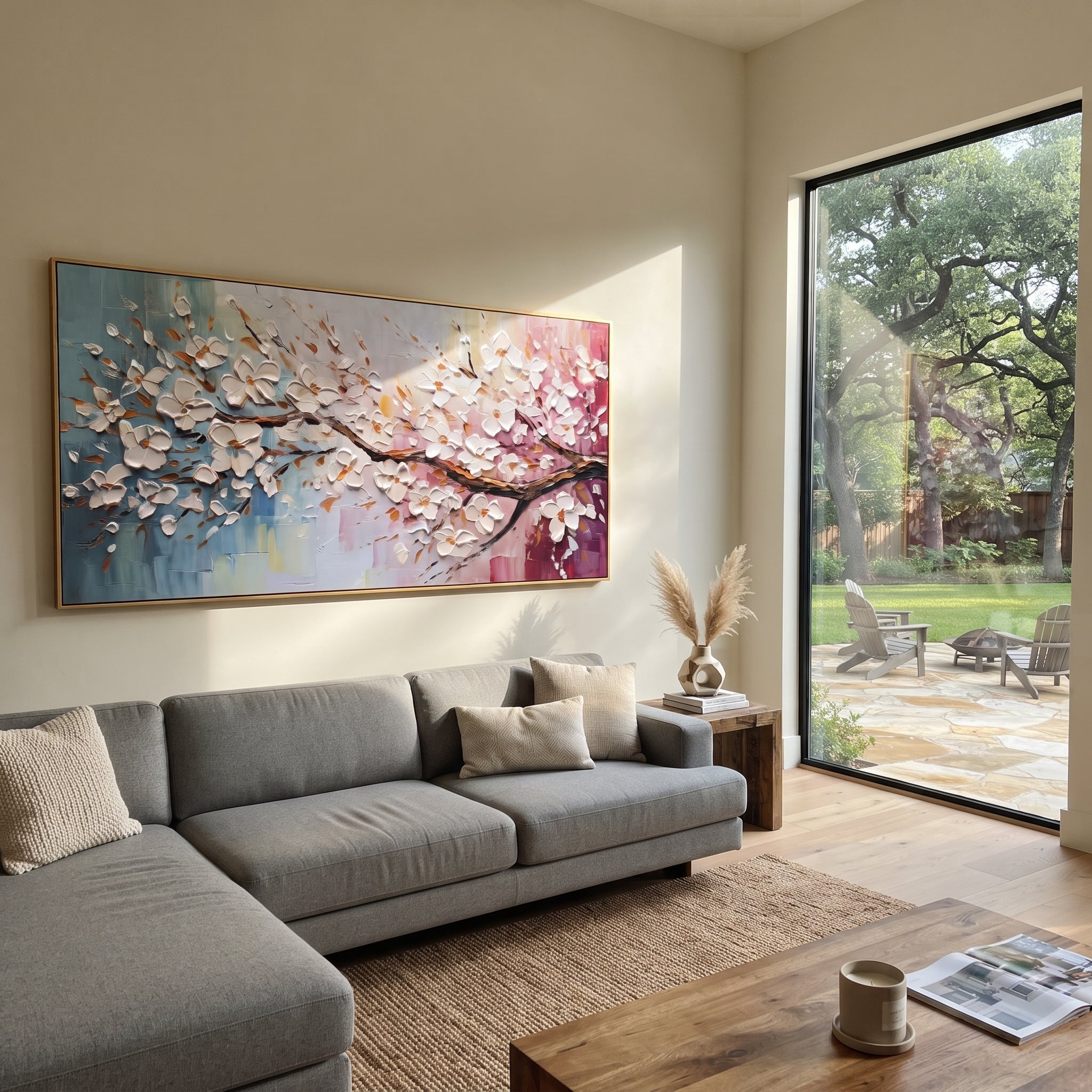 "White Blossom Branch Painting" focuses on atmosphere, surface movement, and sculptural heavy impasto craftsmanship rather than a fixed literal storyline. The composition uses this hand-painted panoramic canvas presents a sweeping branch of raised white blossoms crossing blue, cream, and pink textured background panels with warm brown leaf accents as the visual anchor, while layered palette-knife paint, raised plaster-like texture, and softened brush movement create tactile depth across the