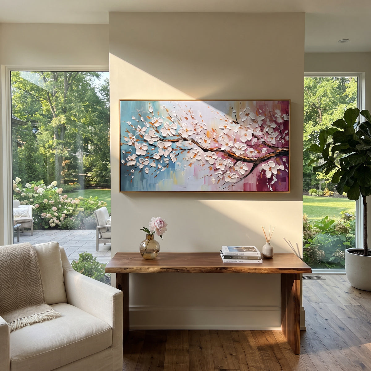 "White Blossom Branch Painting" focuses on atmosphere, surface movement, and sculptural heavy impasto craftsmanship rather than a fixed literal storyline. The composition uses this hand-painted panoramic canvas presents a sweeping branch of raised white blossoms crossing blue, cream, and pink textured background panels with warm brown leaf accents as the visual anchor, while layered palette-knife paint, raised plaster-like texture, and softened brush movement create tactile depth across the
